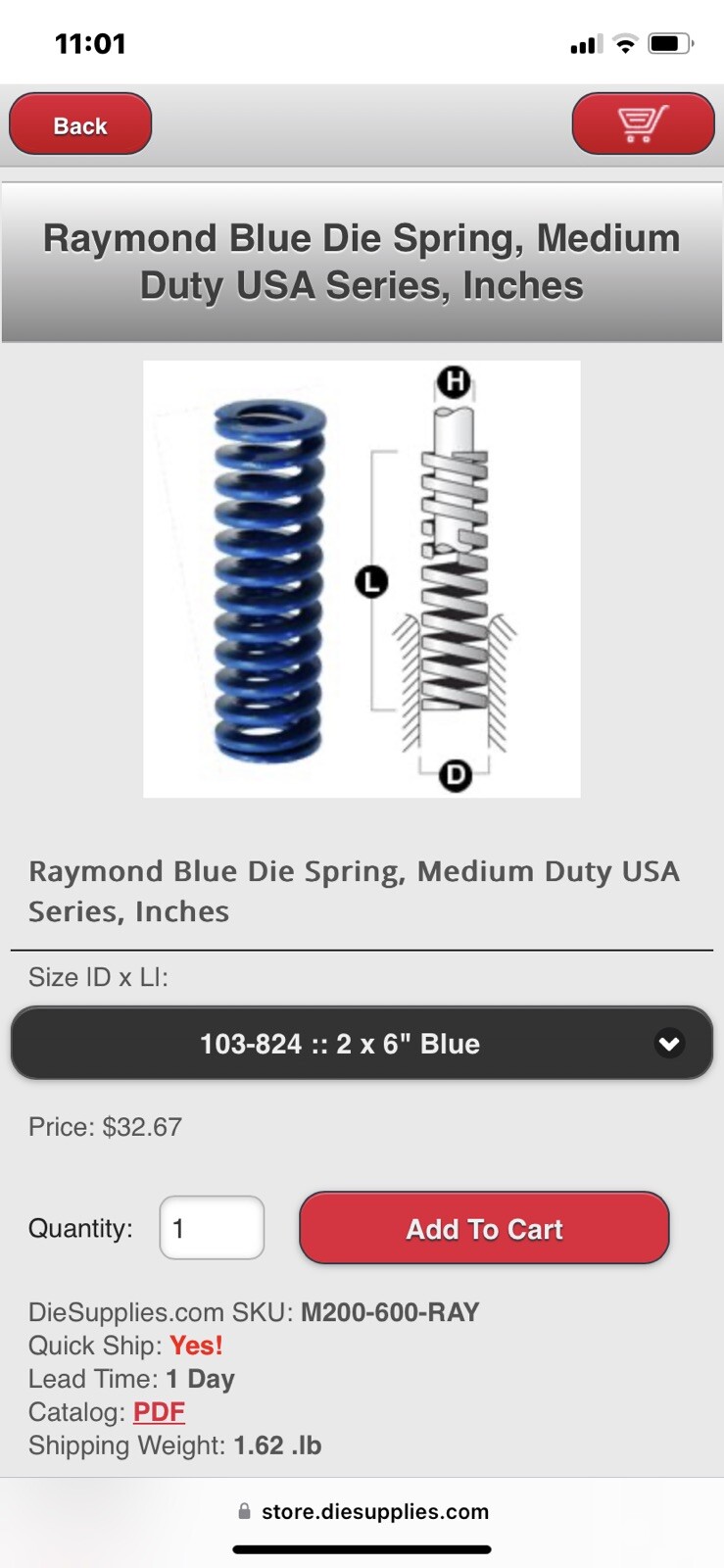 2 X 6 Inch Die Spring 103824 Medium Duty Blue Raymond Coil