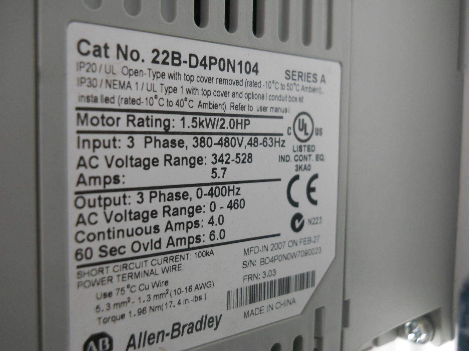 ALLEN BRADLEY MOTOR CONTROL 216TA-4P0KB-14RLX-37CA-X 22B-D4PON104 1321-3R4-B