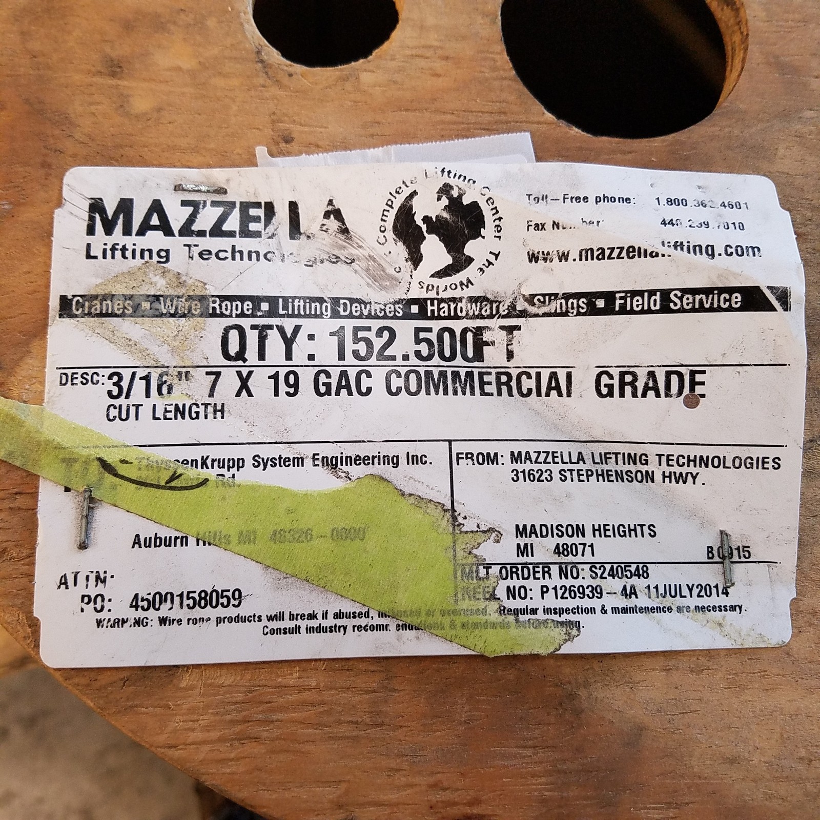 Mazzella Lifting 3/16″ 7×19 GAC Commercial Grade Lifting Cable – NEW