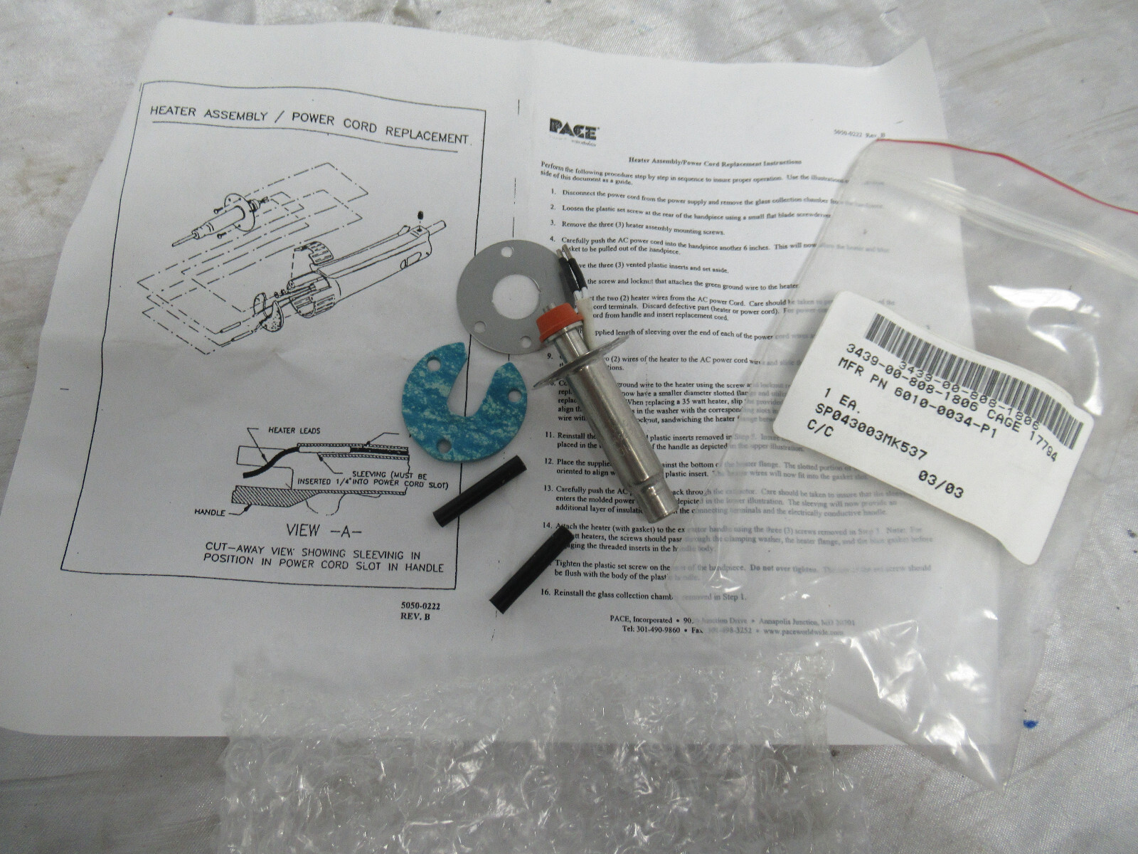 PACE 6010-0034-P1 35W 120 VAC Heater Assembly/Power Cord Replacement (Lot #1)