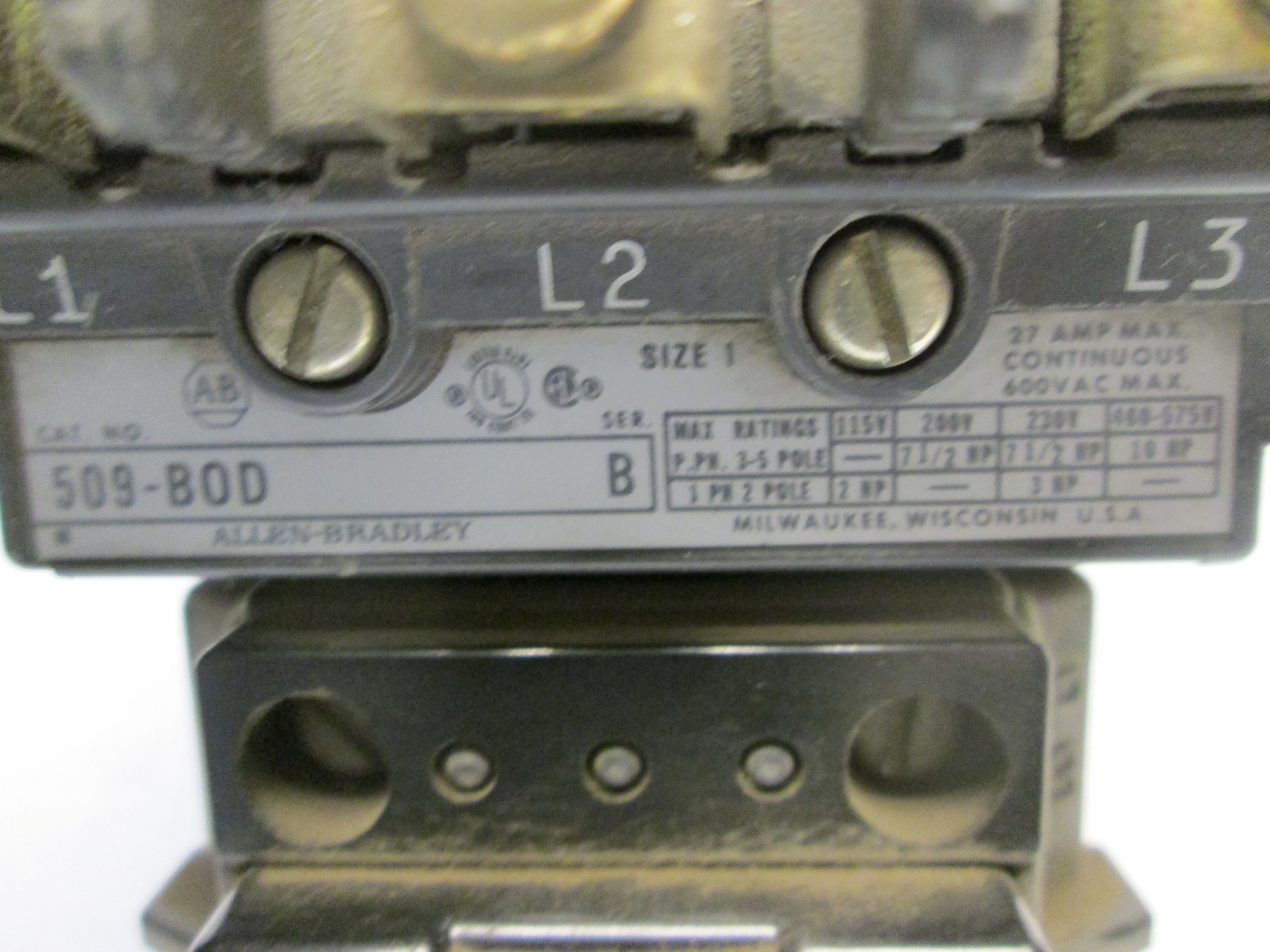 ALLEN BRADLEY 509-B0D SER. B NON-REV. 27A 10HP 400V COIL CB236 STARTER MOTOR