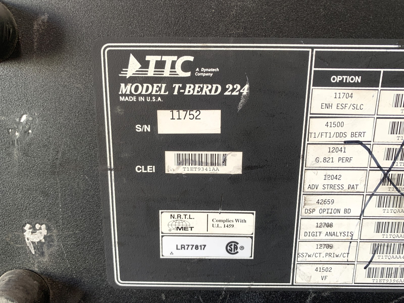 TTC T-BERD 224 T1 DS1 Transmission/Communication Analyzer 115VAC Power Tested