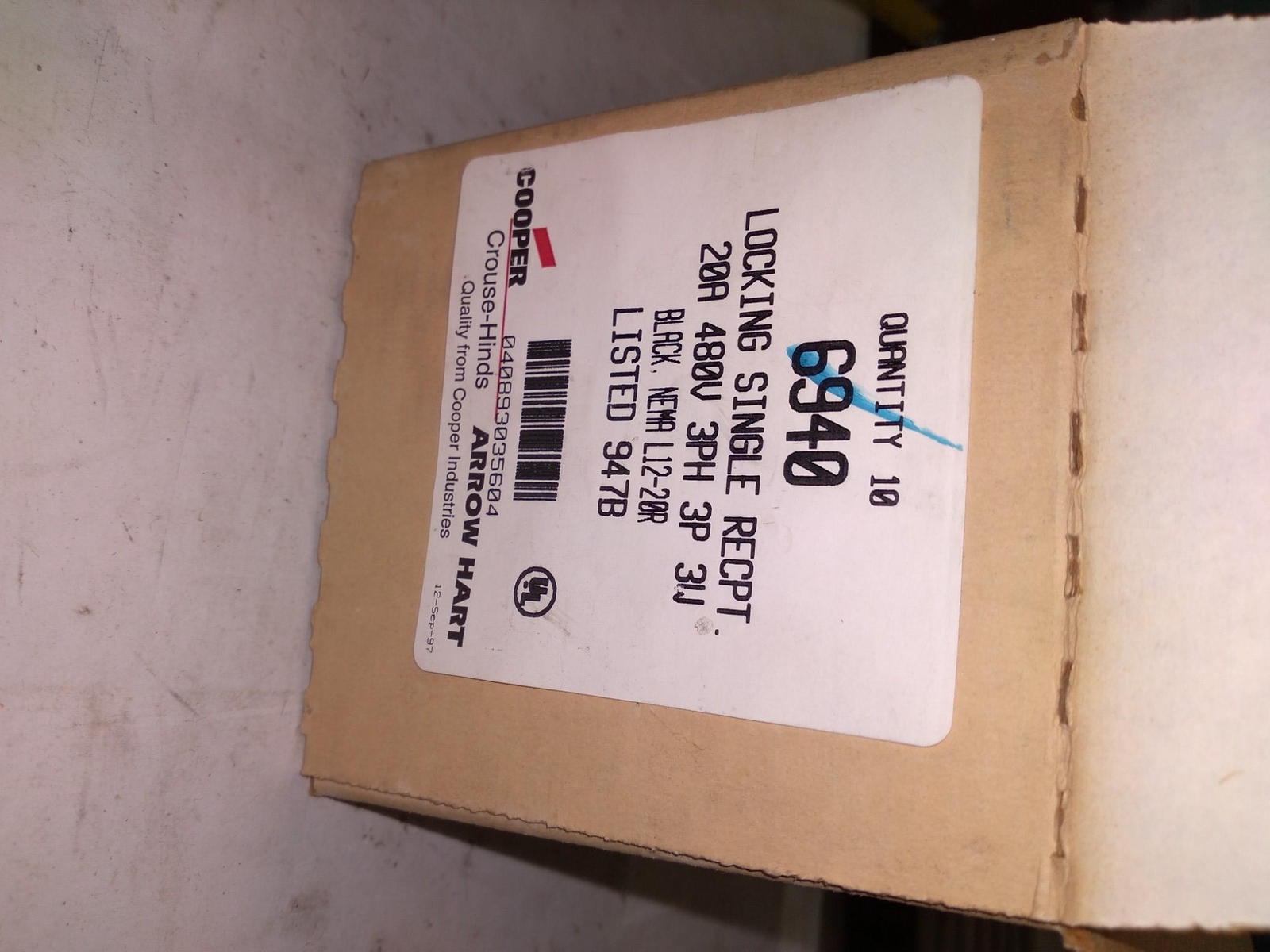 COOPER ARROW HART 6940 LOCKING SINGLE RECPT 20A 480V 3PH 3P 3W EACH