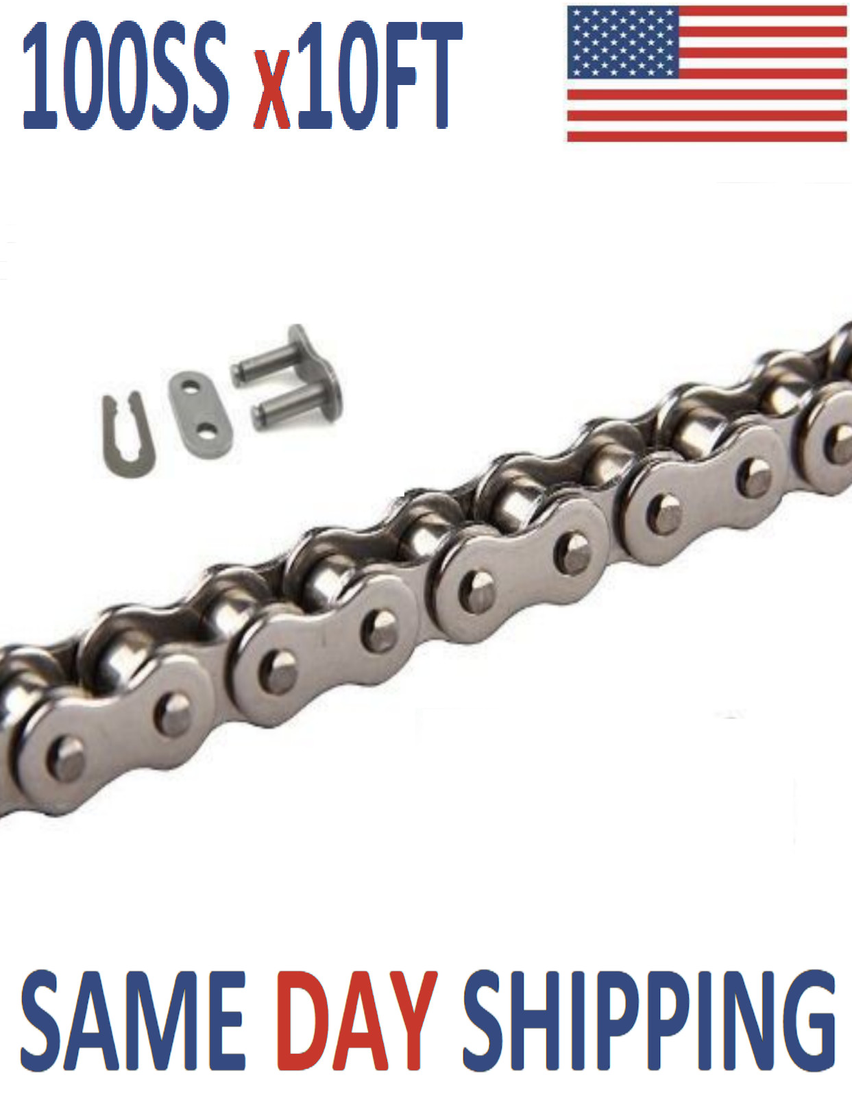 #100SS Roller Chain 10 FEET + Free Connecting Link – Same Day Priority Shipping
