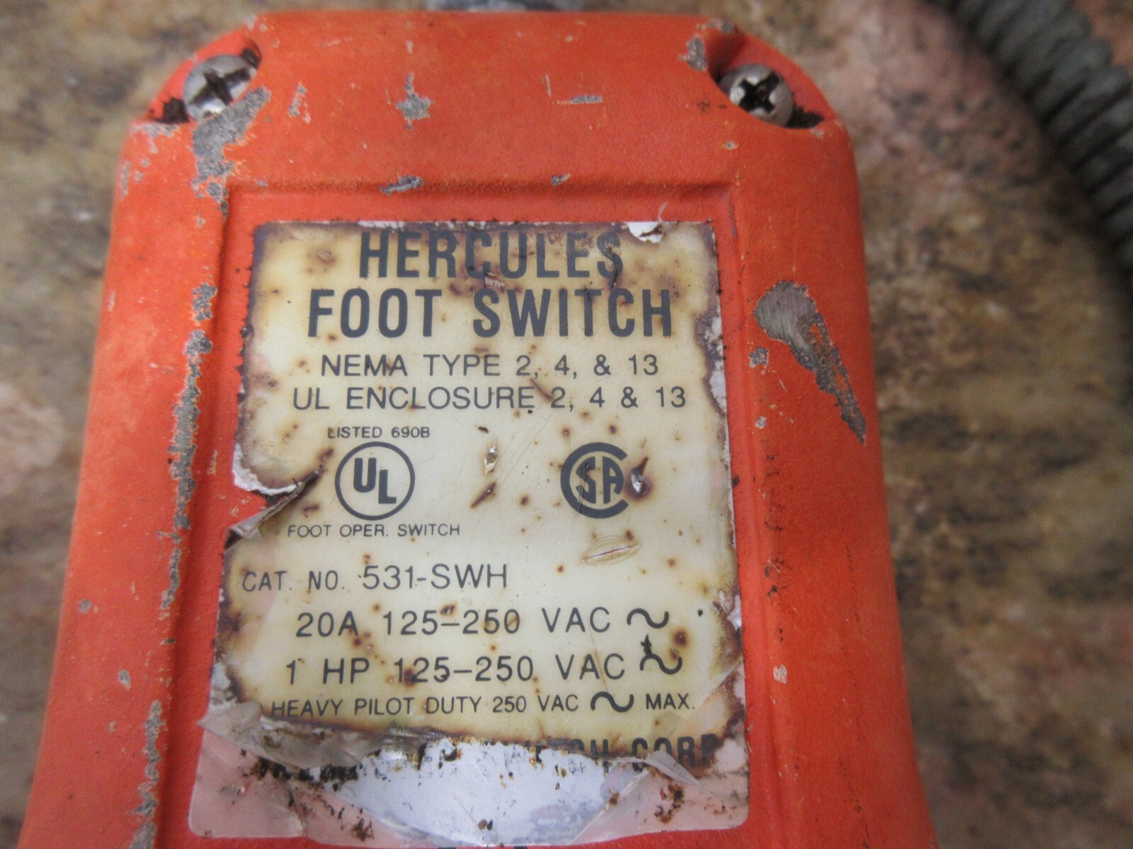 HERCULES FOOT PEDAL SWITCH 531-SWH 20A 1HP TYPE 2 4 13 HITACHI SEIKI HT20SII CNC