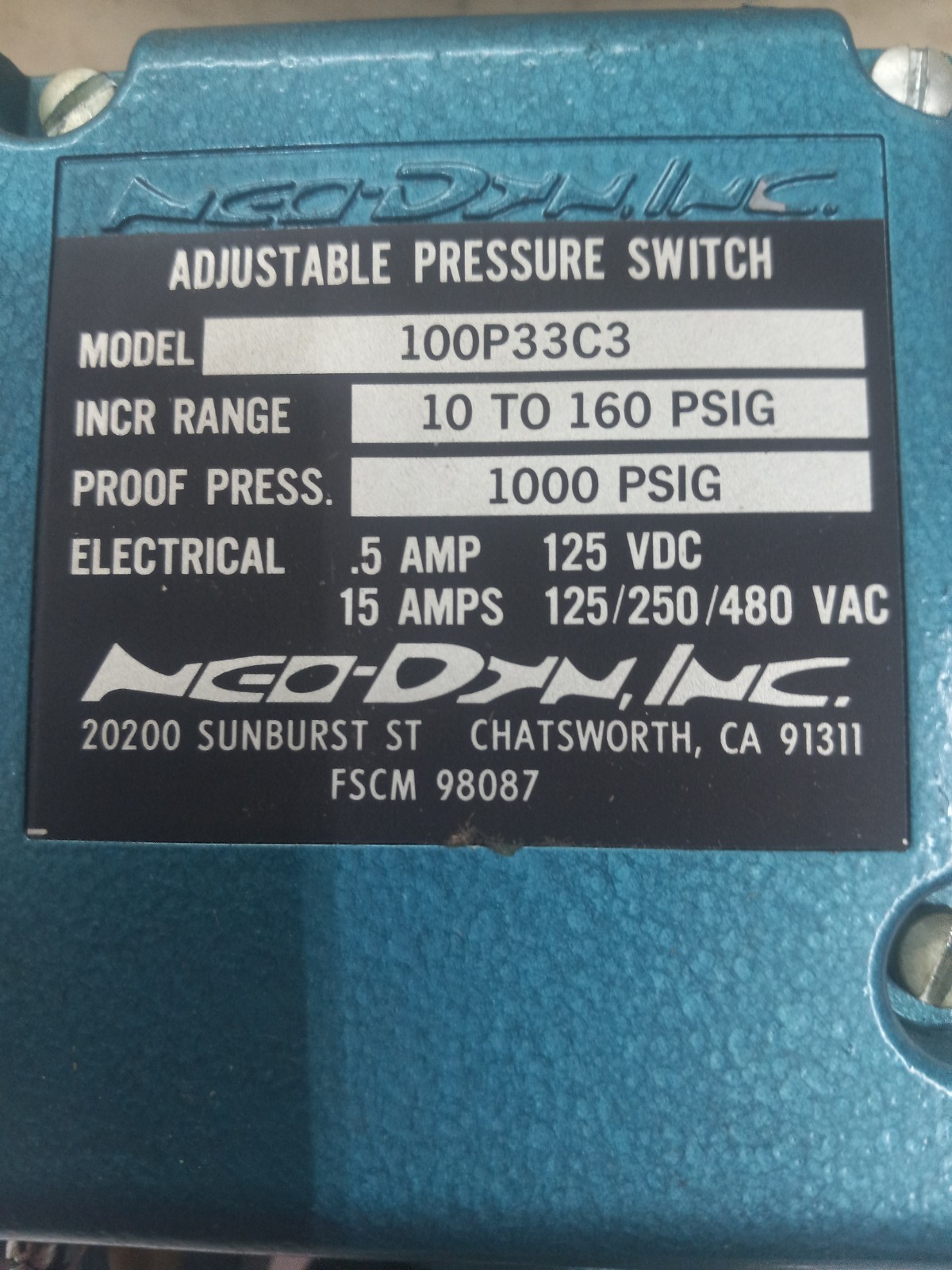 NEO-DYN ADJUSTABLE PRESSURE SWITCH 100P33C3