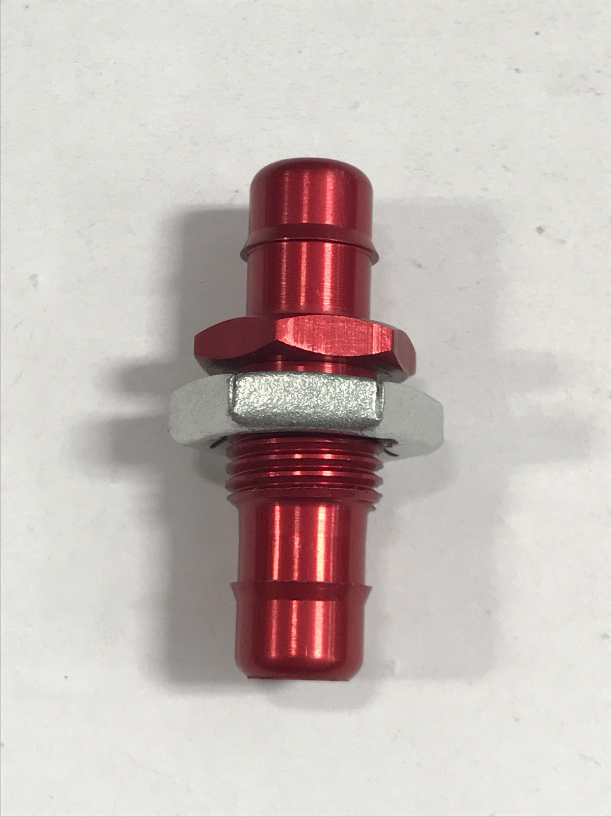 Red anodized aluminum bulkhead fitting 1/2-20 thread to 3/8 ID tubing barb