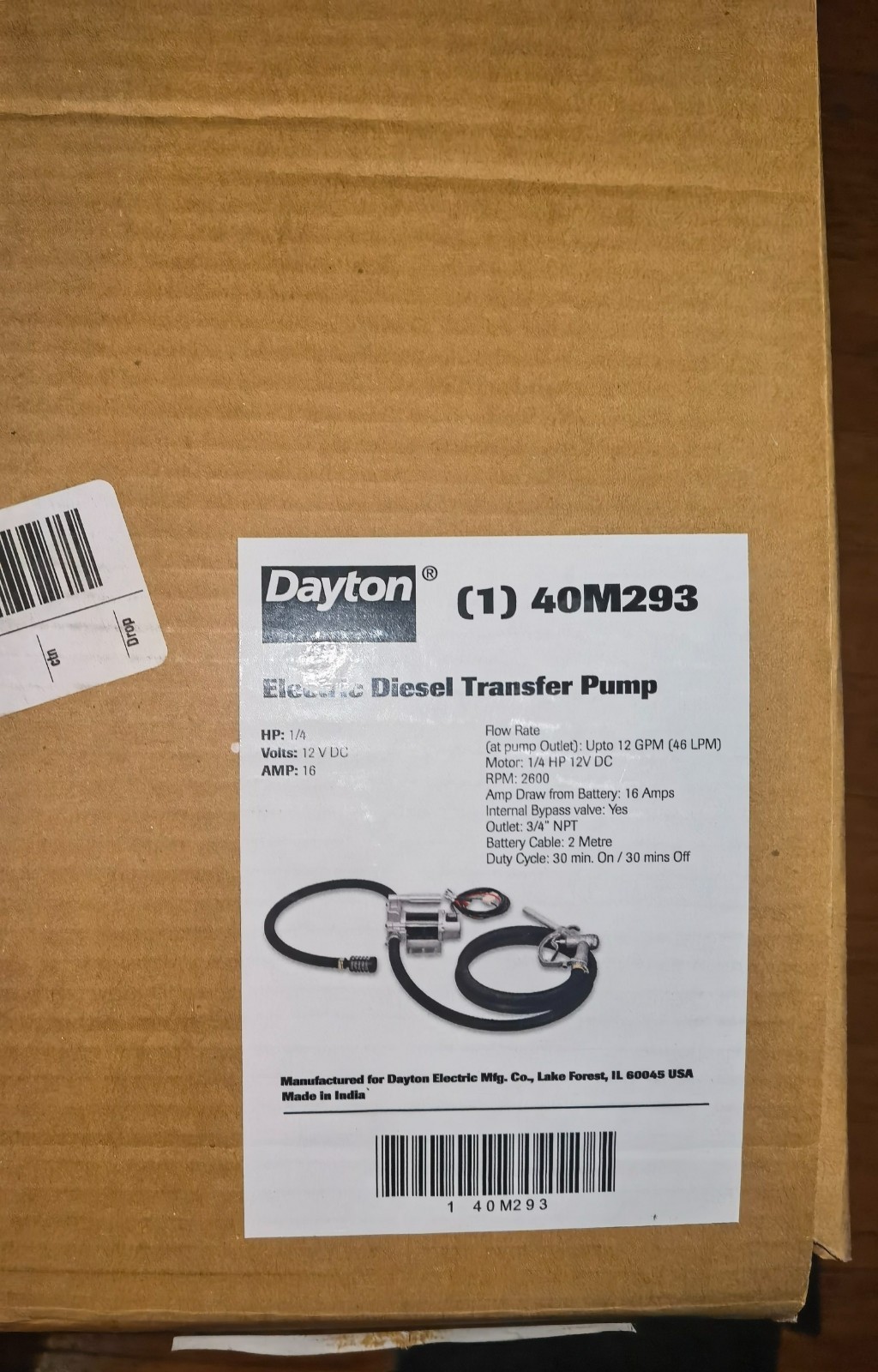 Dayton 40M293 Diesel / Kerosene Transfer Pump, 12V Dc, 12 Gpm Max. Flow Rate ,