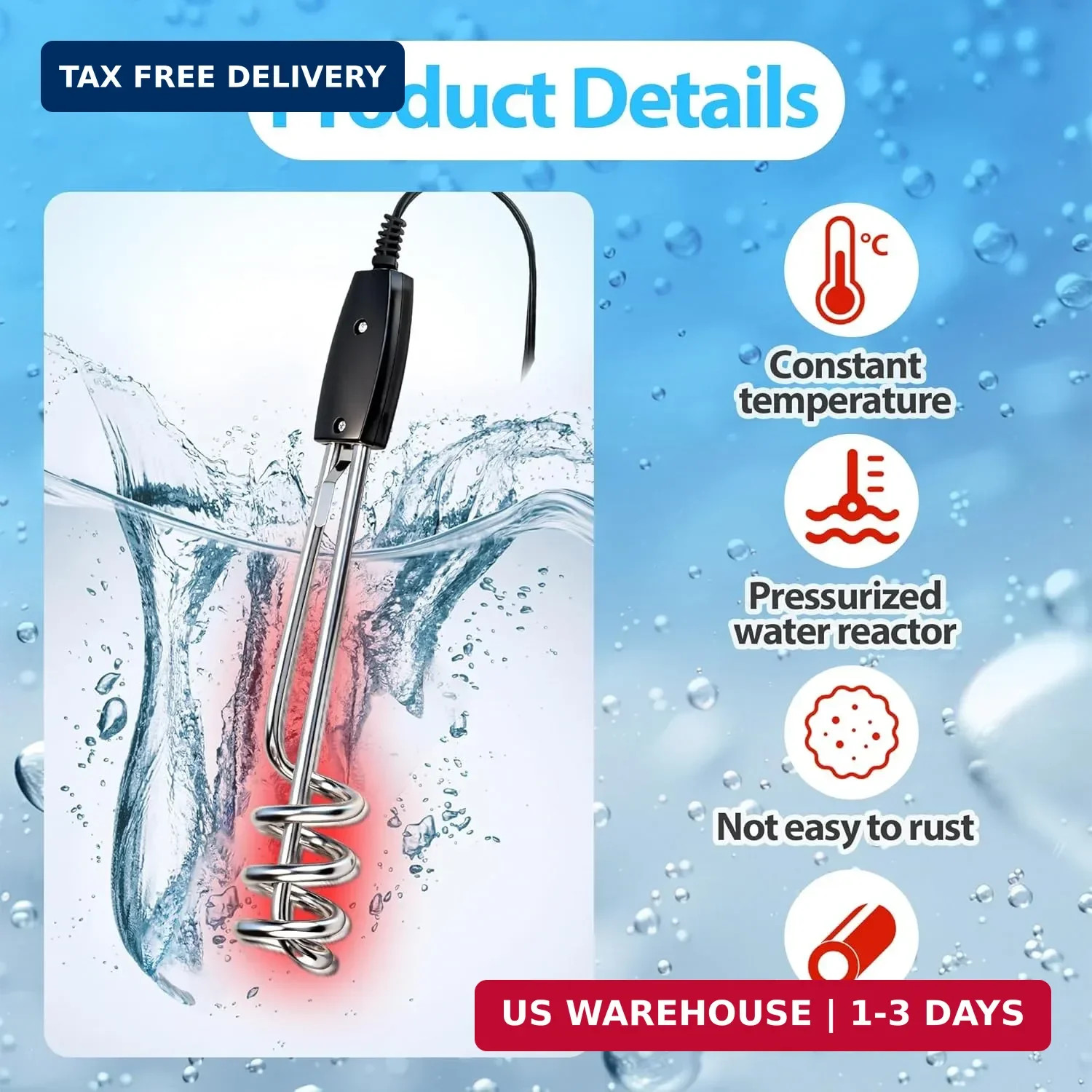 2-pack 1000W 110V Immersion Water Heater | 10in Portable Electric Heater Element