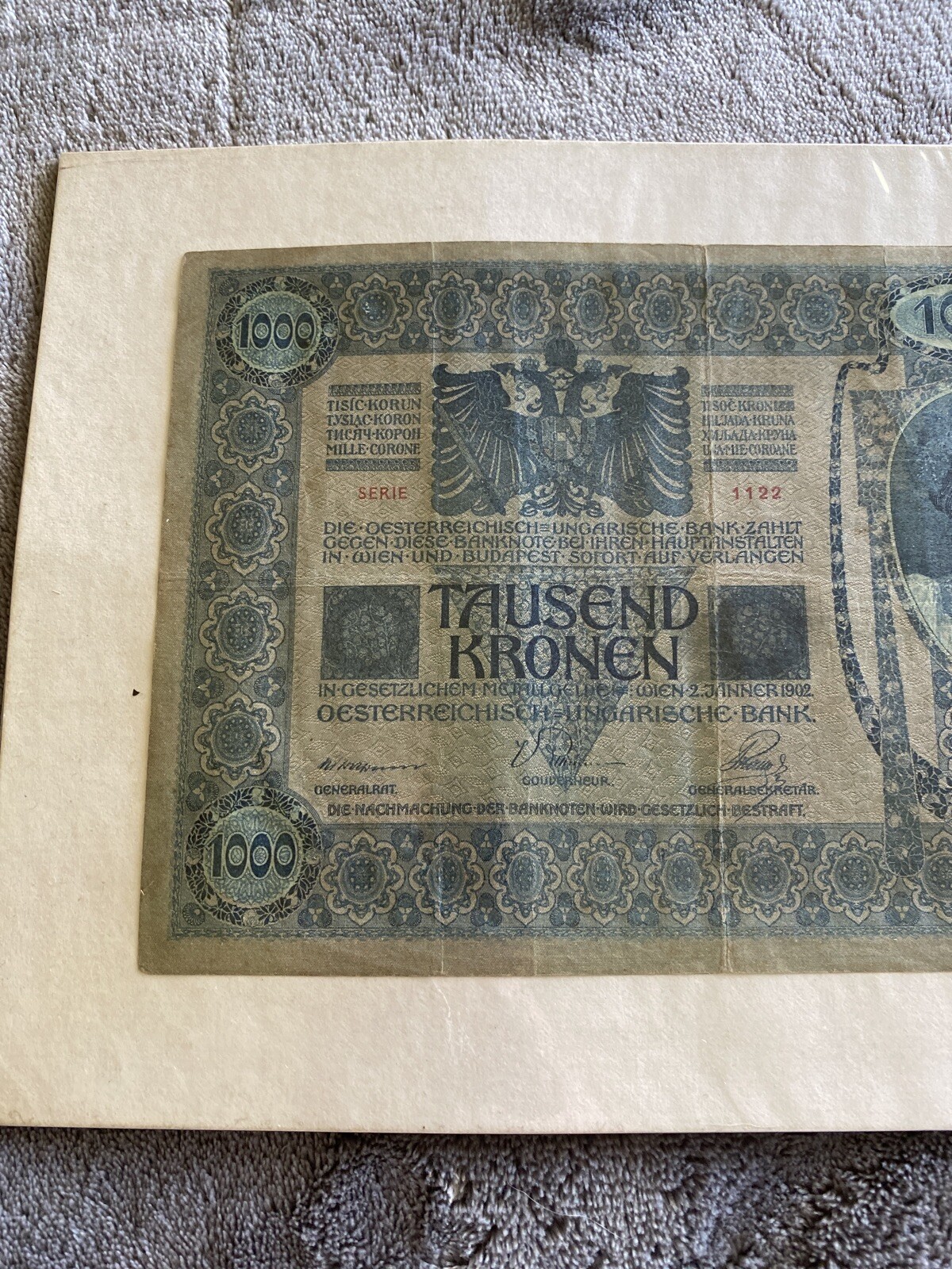 Pre WWI Currency 1000 Tausend Kronen Bank Notes Austria Hungary 1902 Good Cond!