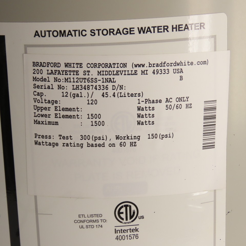 Bradford White M112UT6SS-1NAL 12 Gallon Electric Water Heater Utility 120V 1500W