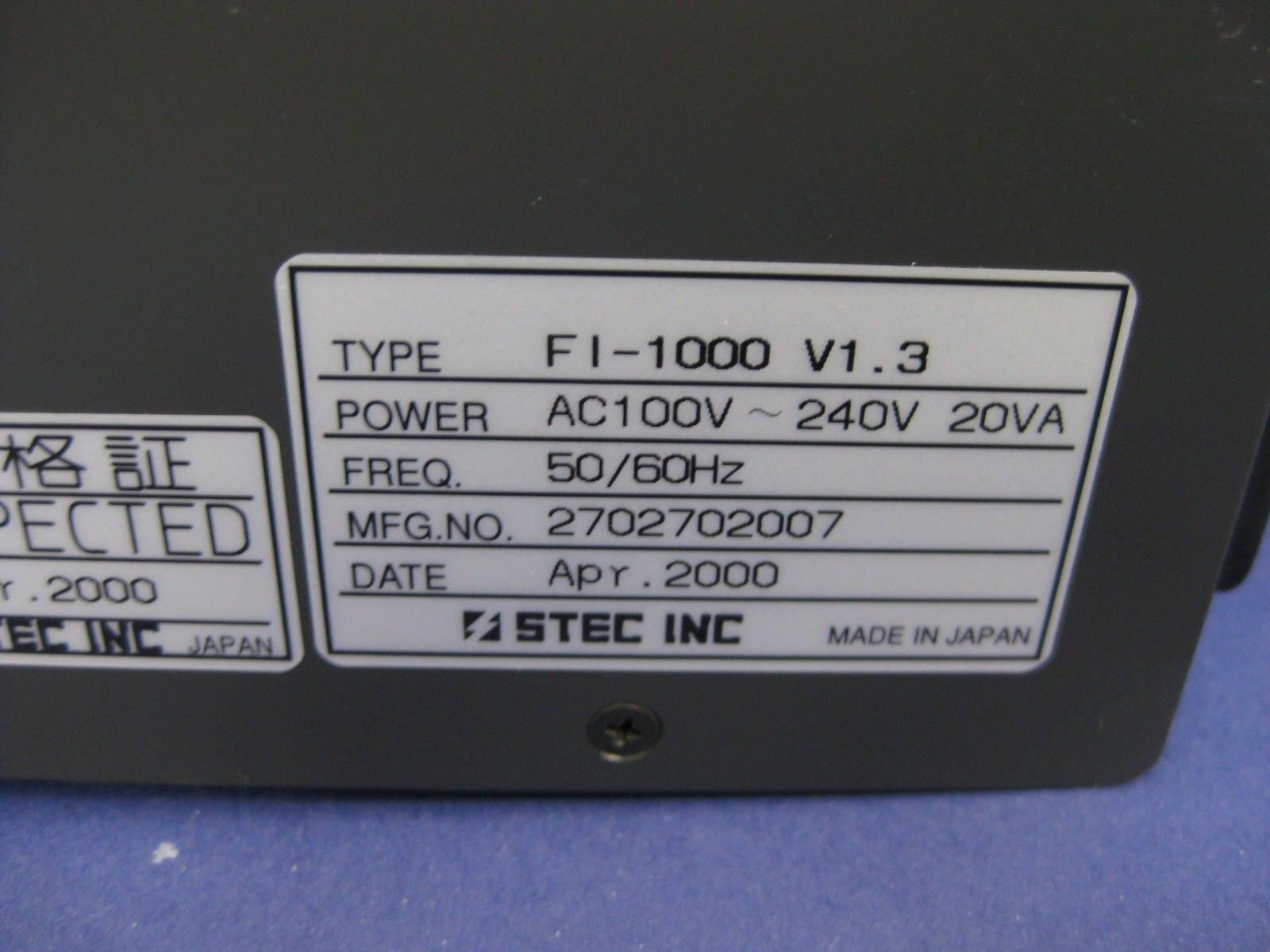 TEL Tokyo Electron STEC FI-1000 V1.3 Unit Flow Control for MFC, Used