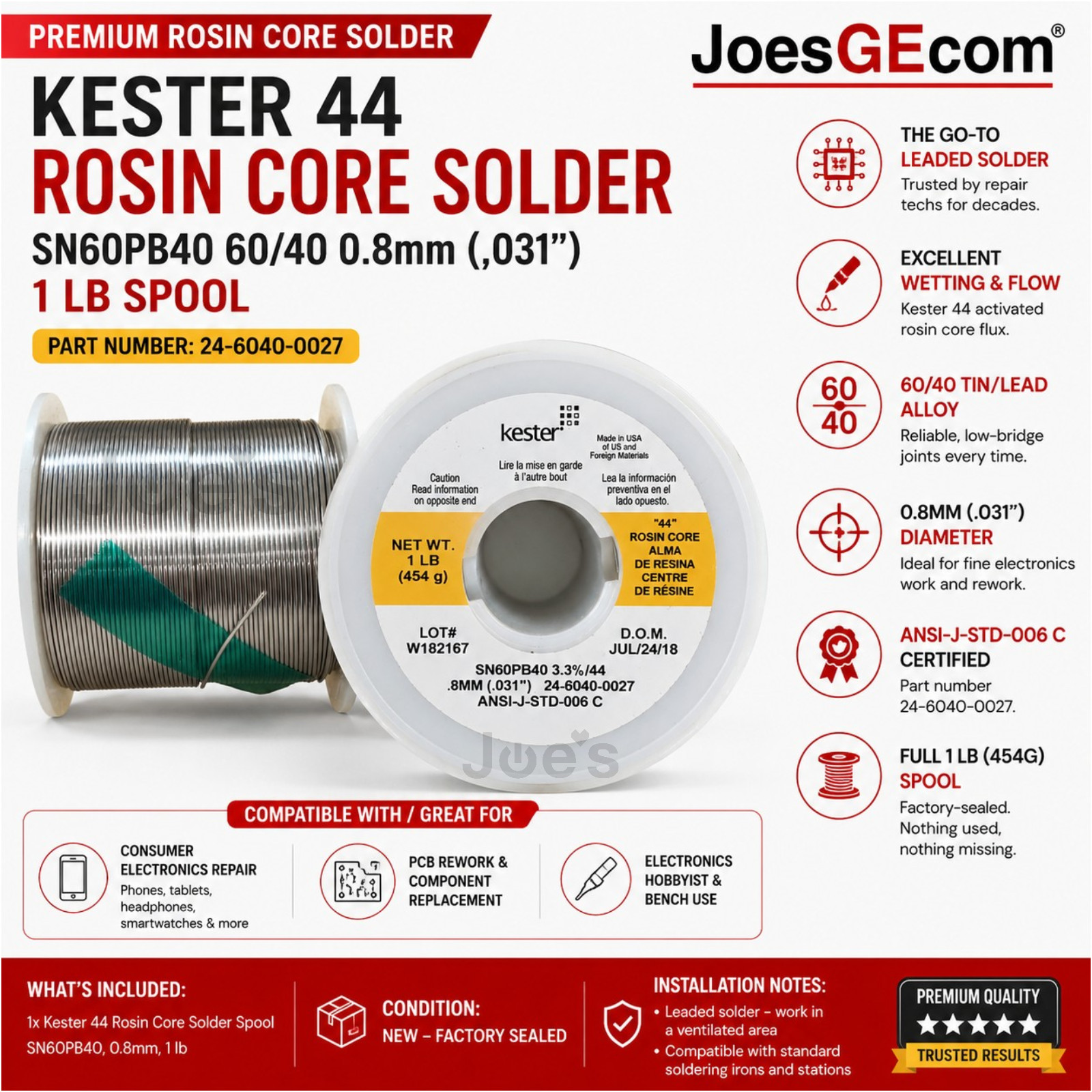 Kester 44 Rosin Core Solder SN60PB40 60/40 0.8mm .031″ 1 lb Spool 24-6040-0027