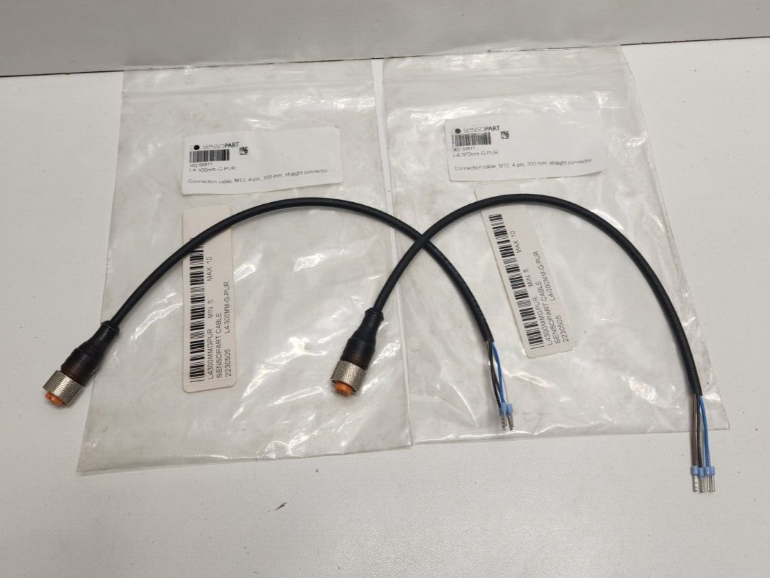 LOT OF 2 NEW OLD STOCK! SENSOPART 4-PIN M12 CONNECTOR CABLES L4-300MM-G-PUR