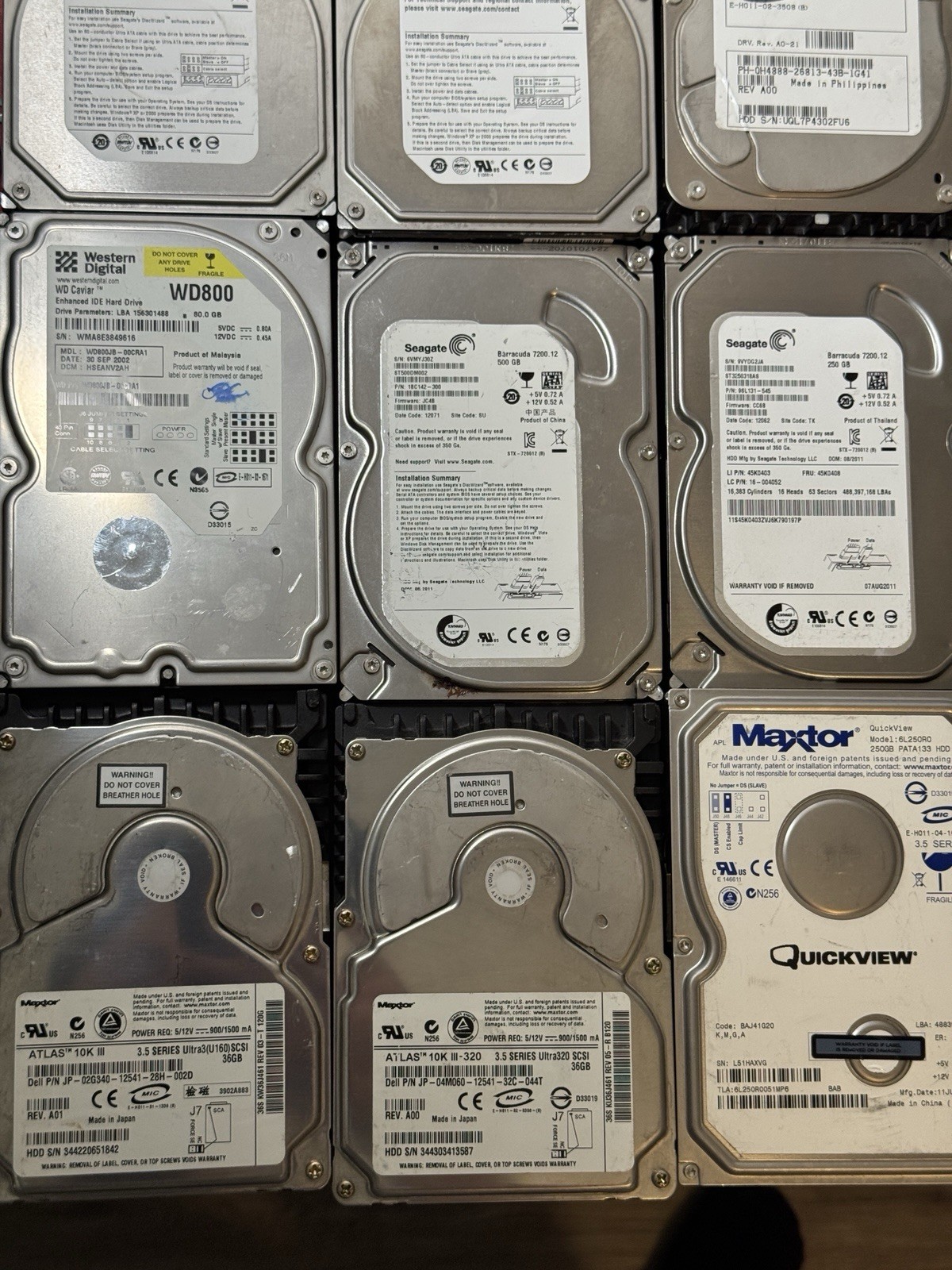 Lot of 12 Hard Drives Seagate WD Maxtor Fujitsu + Brackets UNTESTED