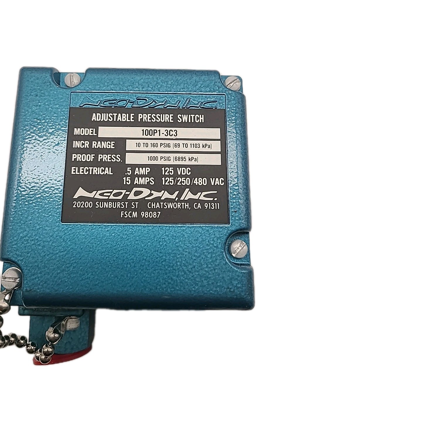 ITT NEO-DYN 100P1-3C3 ADJUSTABLE PRESSURE SWITCH 10 TO 160PSIG 5A 125VDC