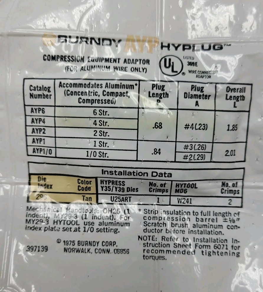 Burndy AYP6 HYPLUG  Alunimum Compression Adapters for #6 wire Lot of 2 Adapters
