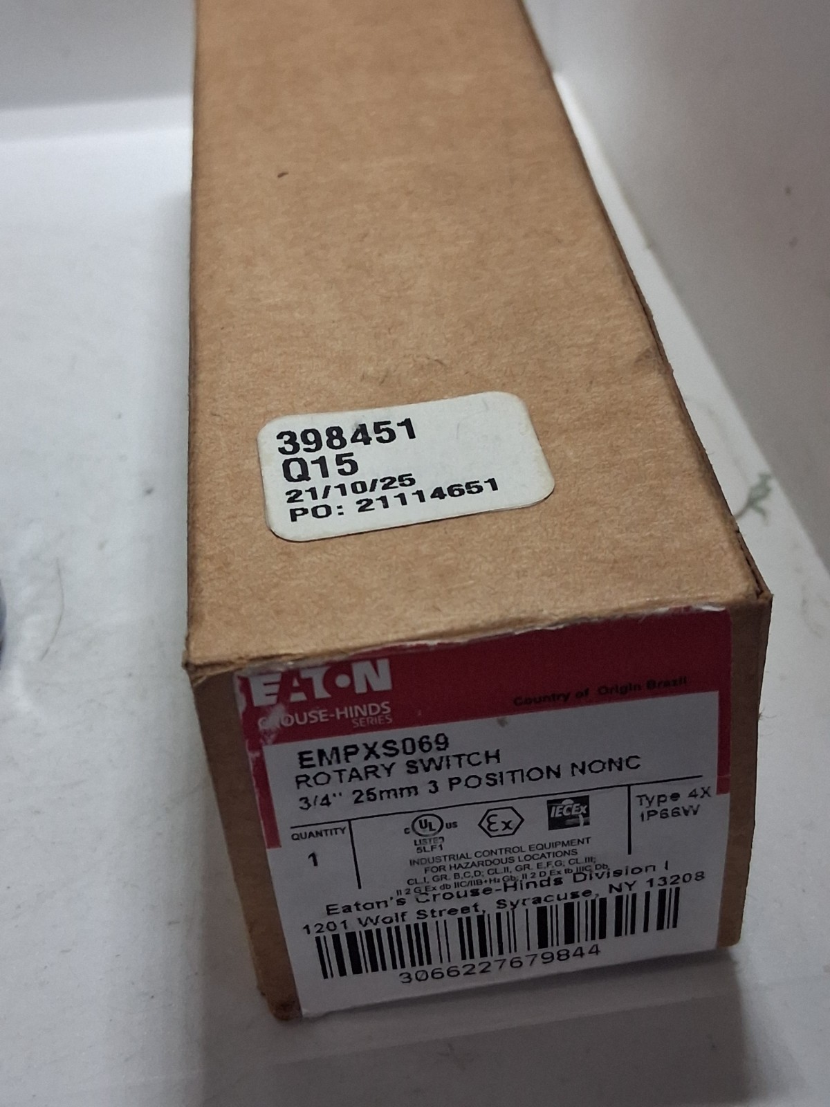 EATON EMPXS069 ROTARY SWITCH OPERATOR 3 POSITION 1NO/1NC BLOCK NIB