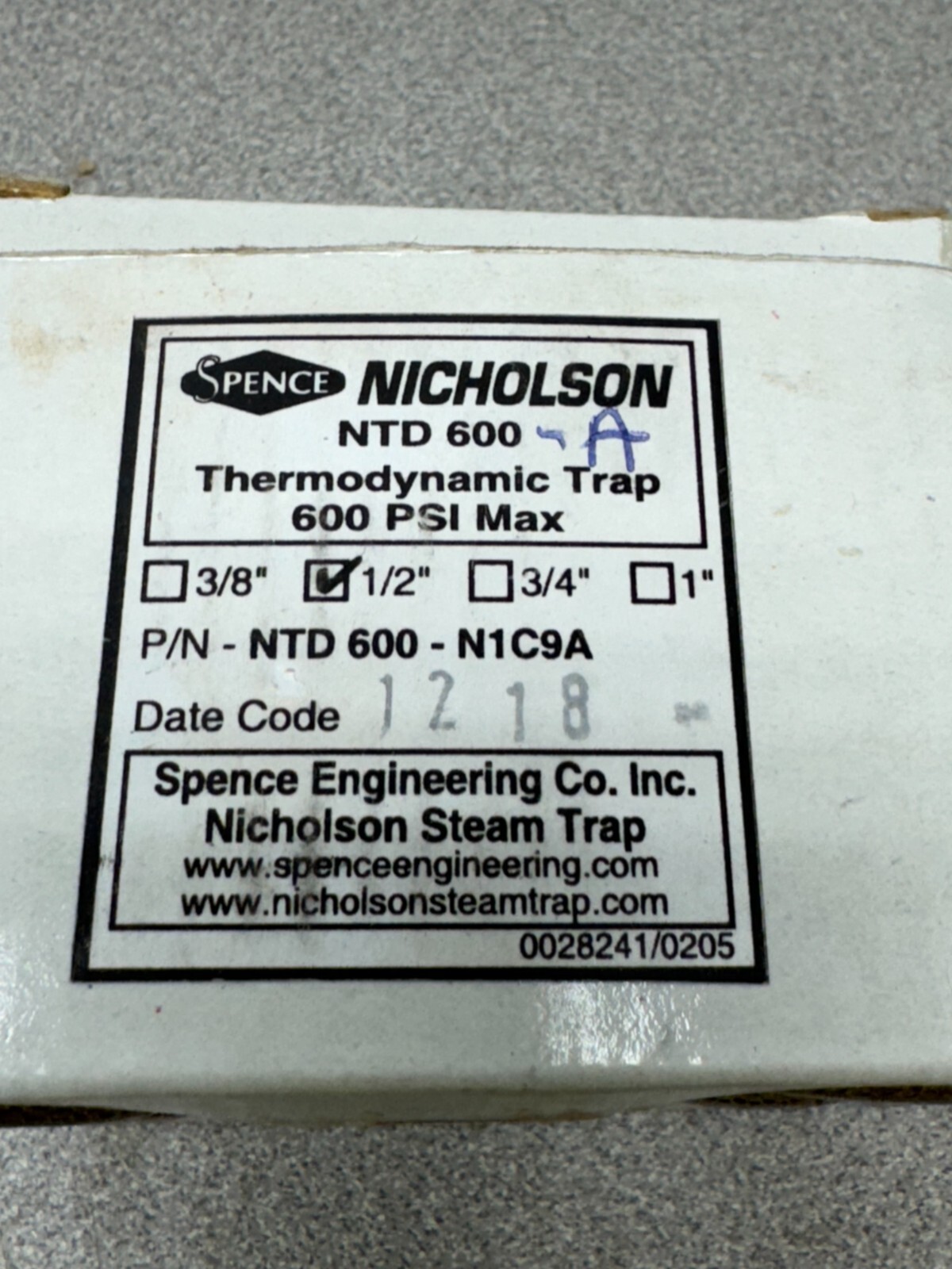 NEW IN BOX SPENCE NICHOLSON THERMODYNAMIC TRAP NTD 600-N1C9A 1/2″
