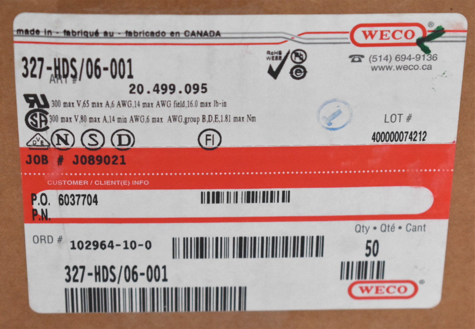 WECO 327-HDS/06 TERMINAL STRIP 06 POS 14-6 A 327-HDS/06-001 (LOT OF 2)
