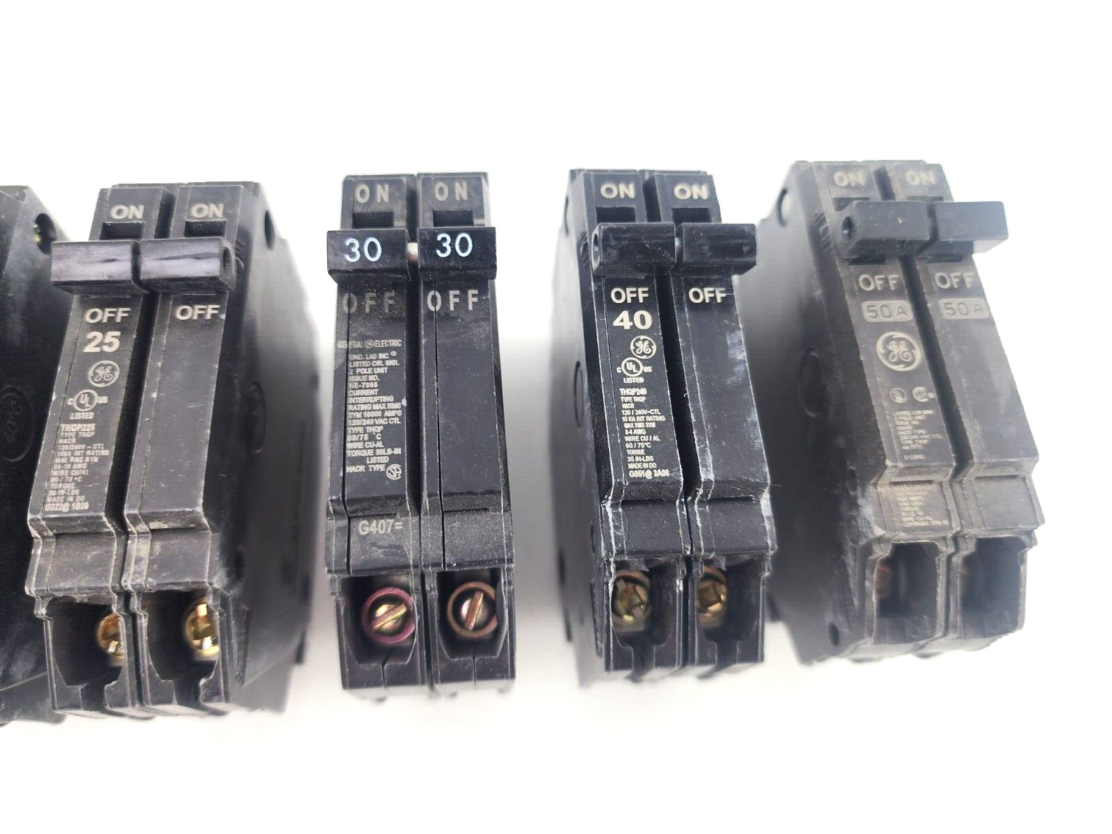 6pcs Used Mix Lot GE THQP 15A 20A 25A 30A 40A 50A Tandem 2 Pole Circuit Breaker