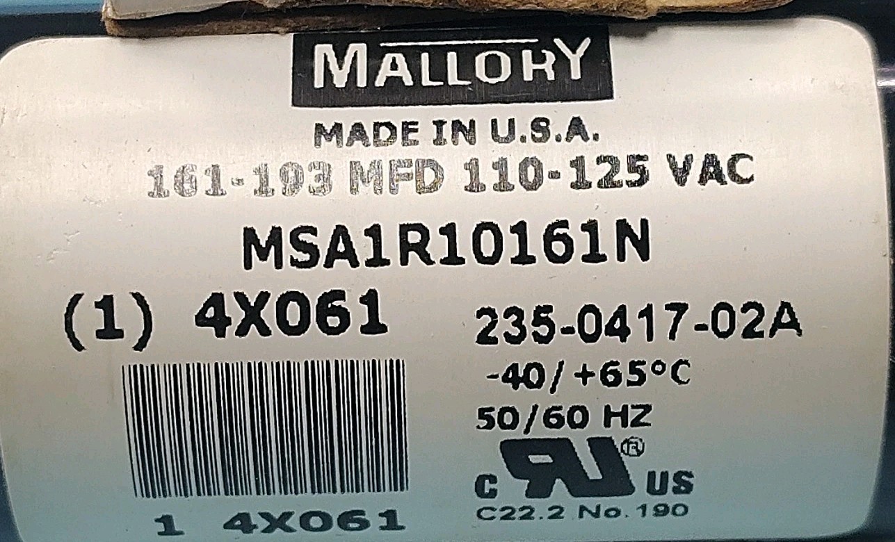 Mallory Capacitor 4X061 161-193 MFD 110-125 VAC MSA1R10161N USA 🆕 C22.2