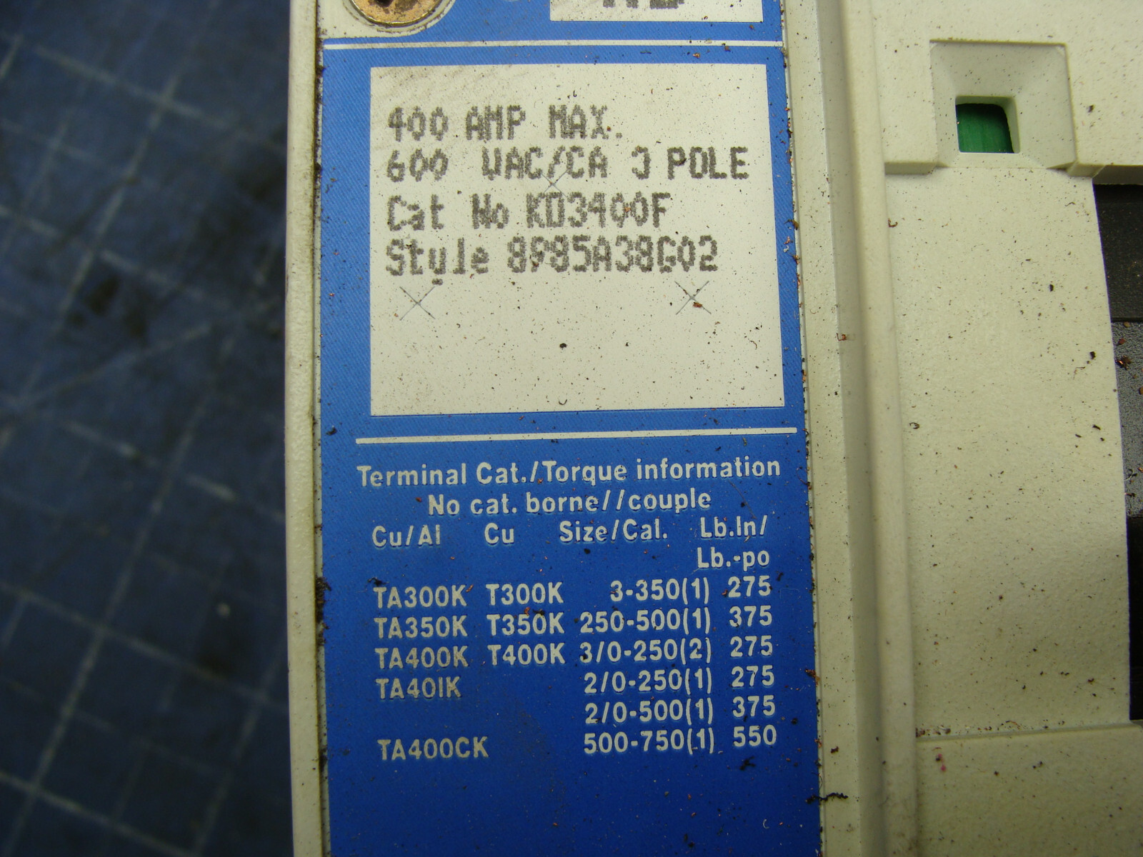WESTINGHOUSE SERIES C CIRCUIT BREAKER KD3400F 400A 600VAC 3P STYLE 8985A38G02