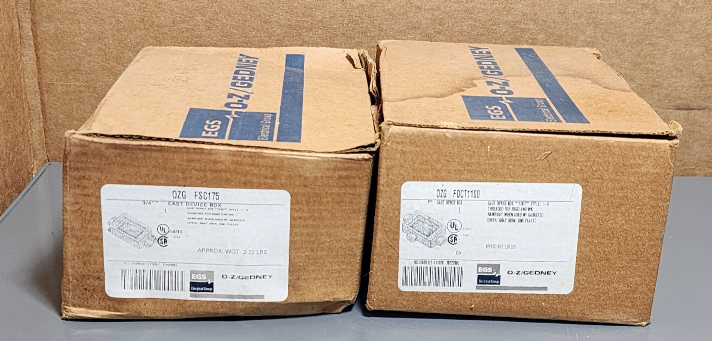 OZ Gedney OZG FSC175 3/4” Cast Device Box & OZG FDCT1100 1″ Cast Device Box