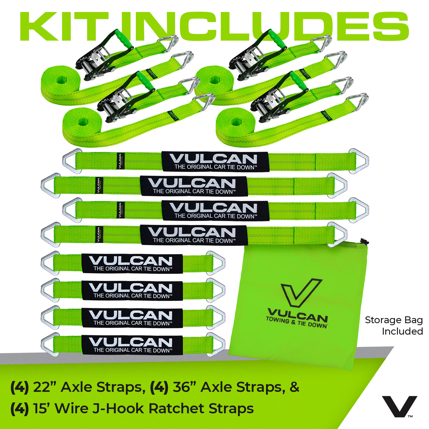 VULCAN High-Viz Reflective Axle Strap Tie Down Kit – Wire Hook Ratchet Straps