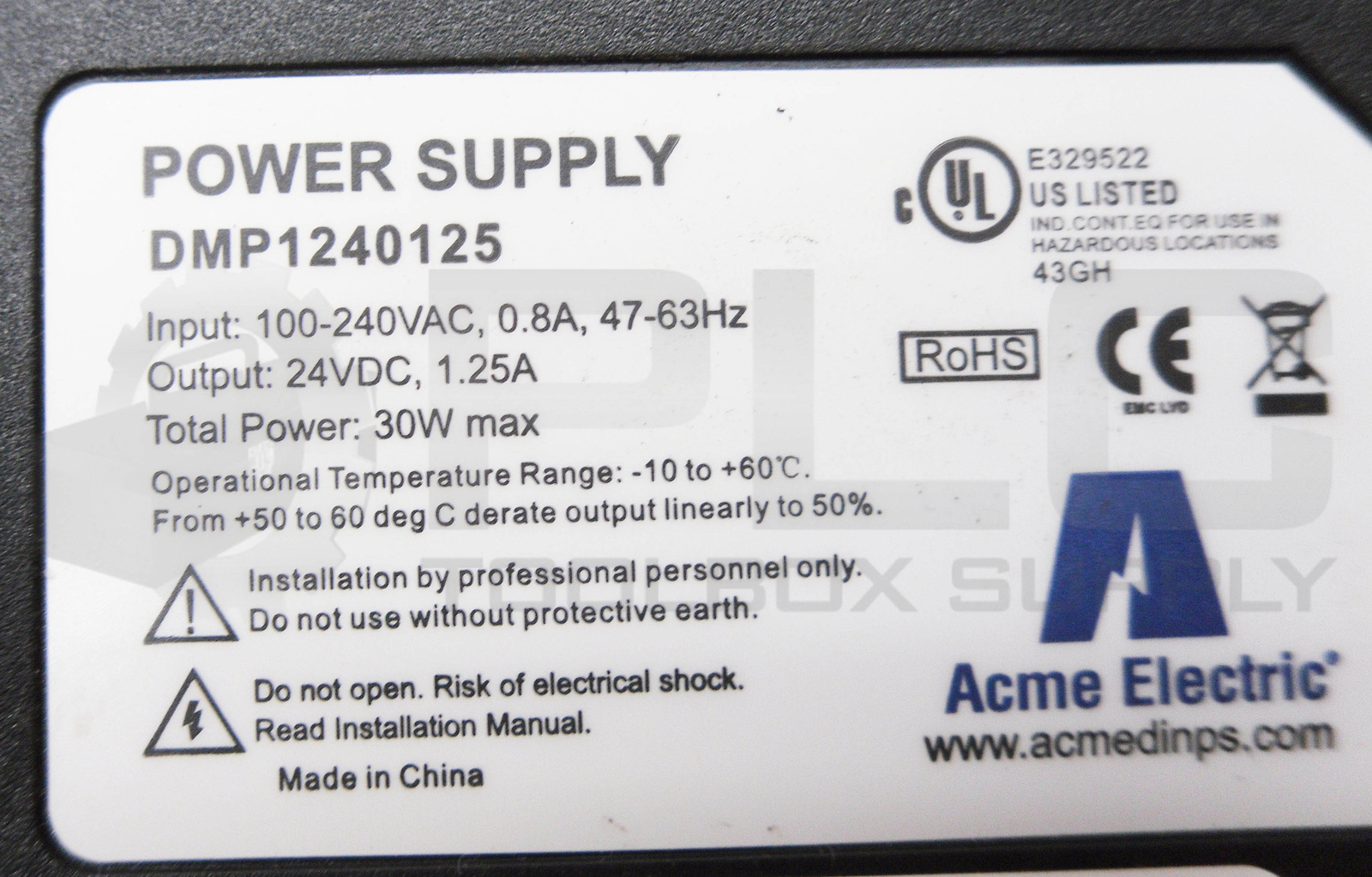 ACME ELECTRIC DMP1240125 DMP1240125 POWER SUPPLY 100-240VAC 0.8A 47-63HZ 24VDC