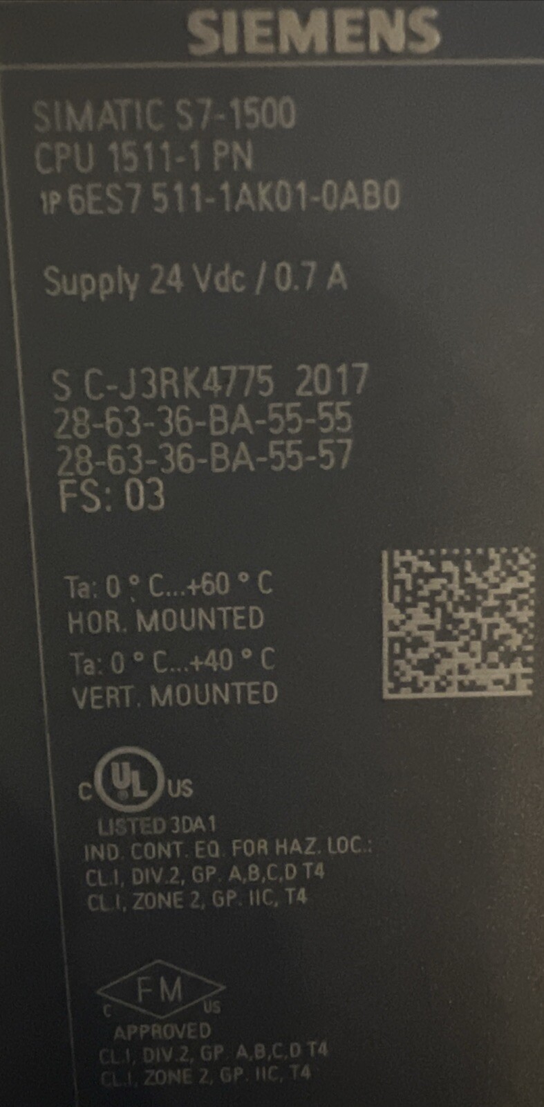 SIEMENS GES7511-1AK01-0AB0 SIMATIC S7-1500 CPU 1511-1PN PROCESSOR