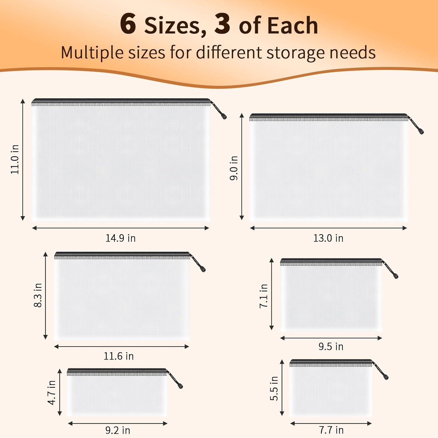 Umriox Zipper Mesh Document Pouch, 6 Assorted Size 18pcs-6 Sizes, Black