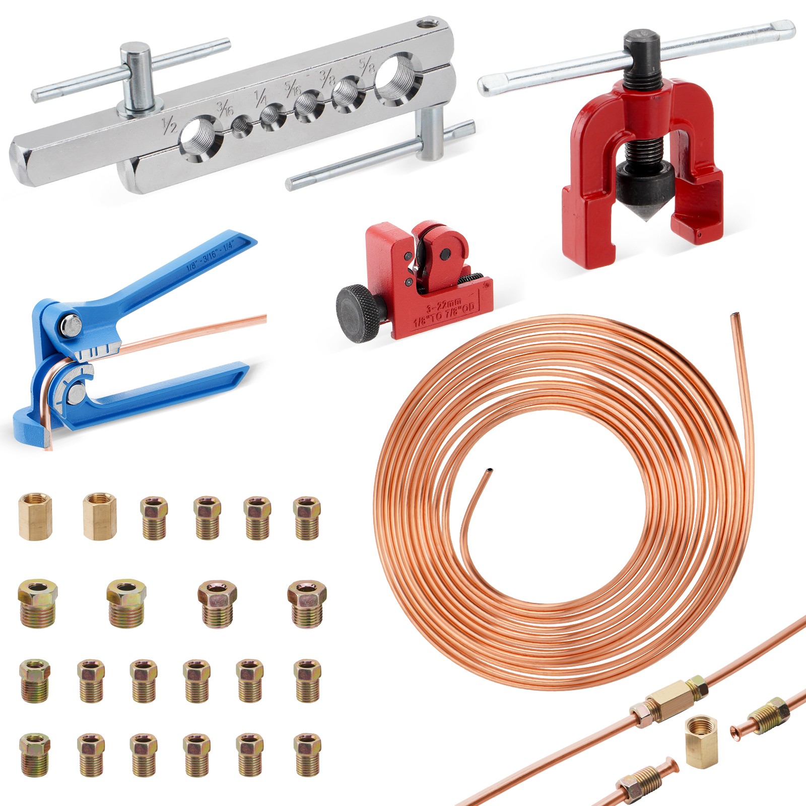 25Ft 3/16 Copper-Coated Brake Line Kit (Include 16 Fittings,2 Unions and 4 Nuts)