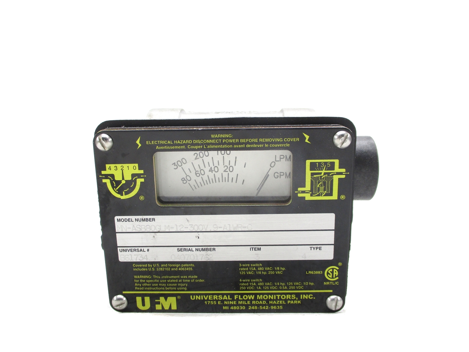 UNIVERSAL FLOW MONITORS MN-ASB80GLM-12-300V.9-A1WR-C 0-80GPM NSNP