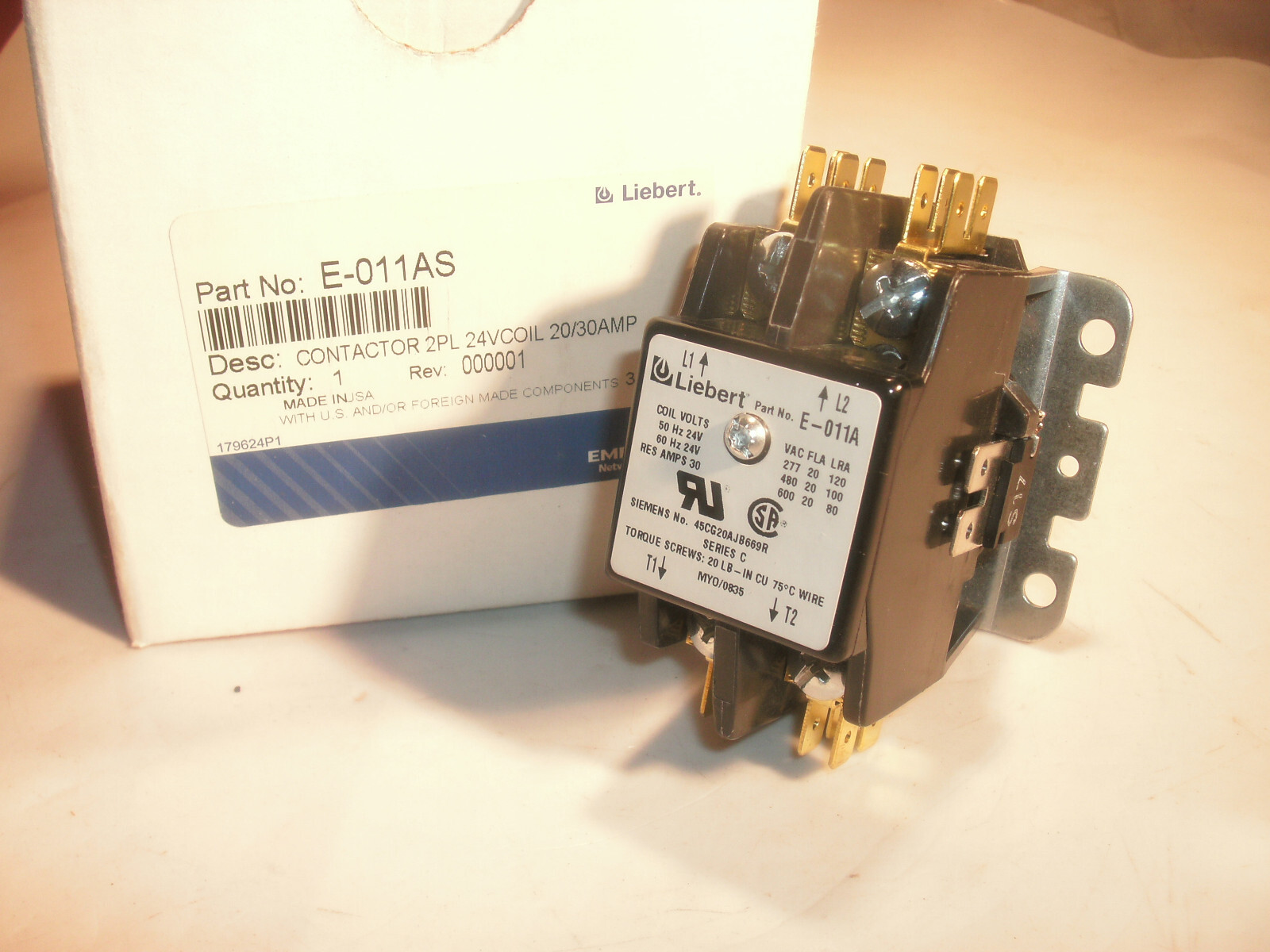 EMERSON/LIEBERT E-011AS CONTACTOR 2P 20/30 AMP 24V COIL 45CG20AJB669R