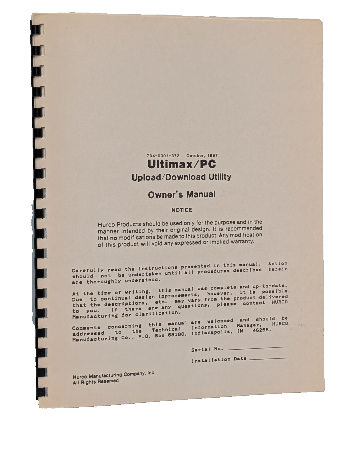 Hurco Products 704-0001-372 Ultimax/ PC Upload/ Download Utility Owner’s Manual
