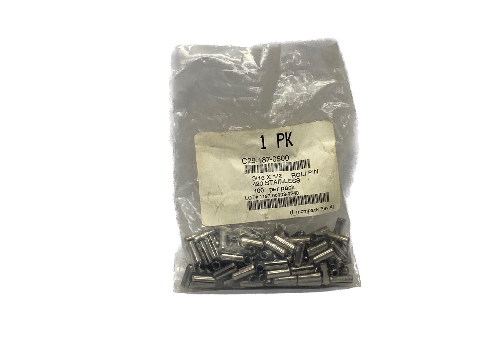 NEW Pack Of 100 McMaster 3/16” X 1/2” 420 Stainless Roll Pins C29-187-0500