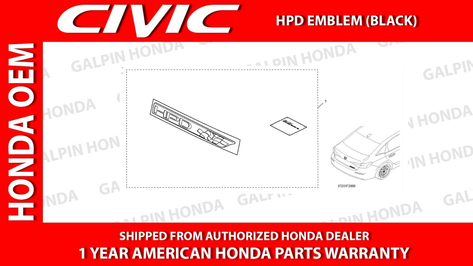 2022-2024 GENUINE HONDA CIVIC “HPD” BLACK EMBLEM [08F20-T20-100D]