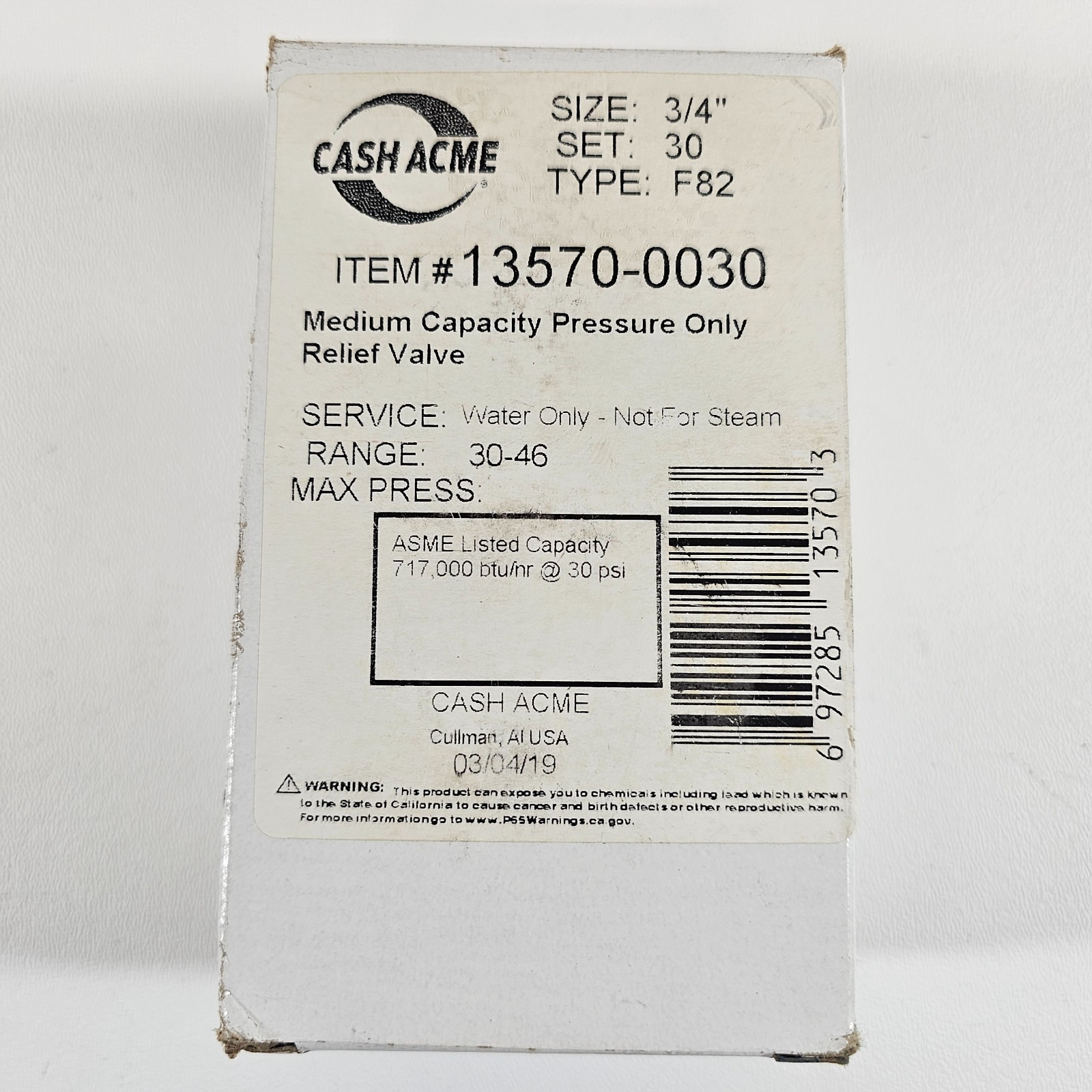 Cash Acme 13570-0030 F82 3/4″ 30 PSI Medium Capacity Pressure Relief Valve New