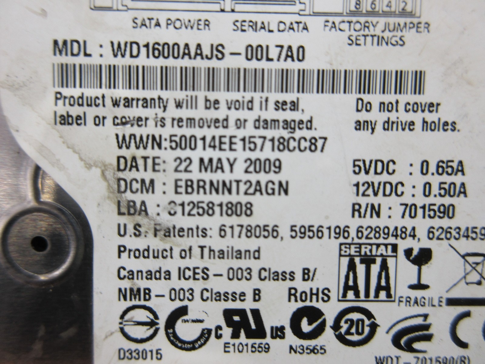 WESTERN DIGITAL HARD DRIVE HDD 160GB SATA/8MB WD1600AAJS WCAV31891290