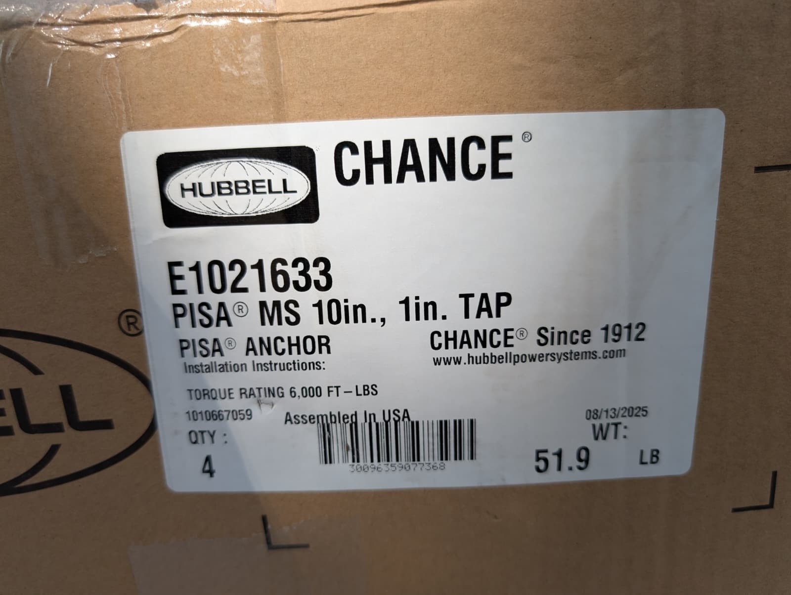 Hubbell Chance E1021633 Pisa MS 10 in Anchor 1 in Tap Threads 6000 Ft-lbs