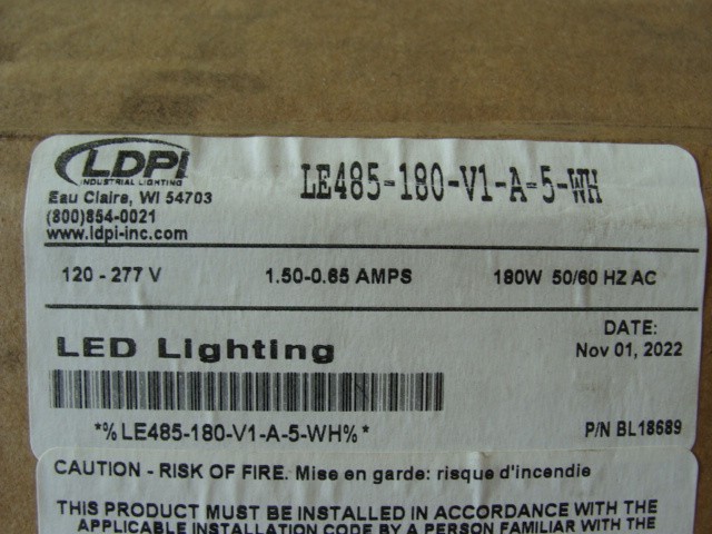 LDPI LED LIGHT FIXTURE LE485-180-V1-A-5-WH 4′ LONG 3 ROW 180W 120-277V RECESSED