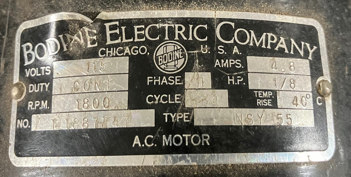 BODINE AC MOTOR NO. T 1887247 1/8 HP TYPE NSY 55 / MACTROL BELT DRIVE #WP2