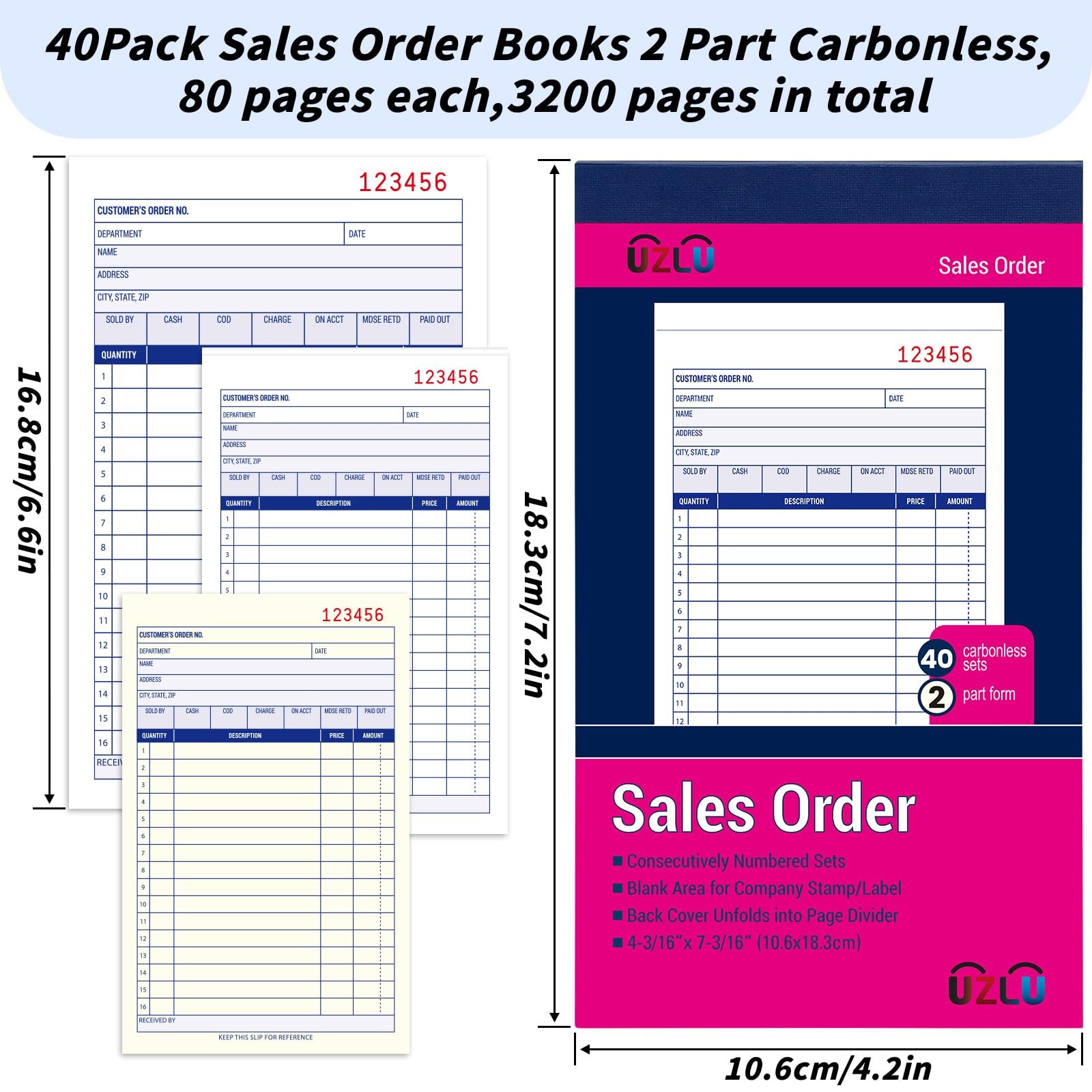40 Pack Sales Order Book Bulk, 2-Part Carbonless Receipt Form Invoice, White/Yel