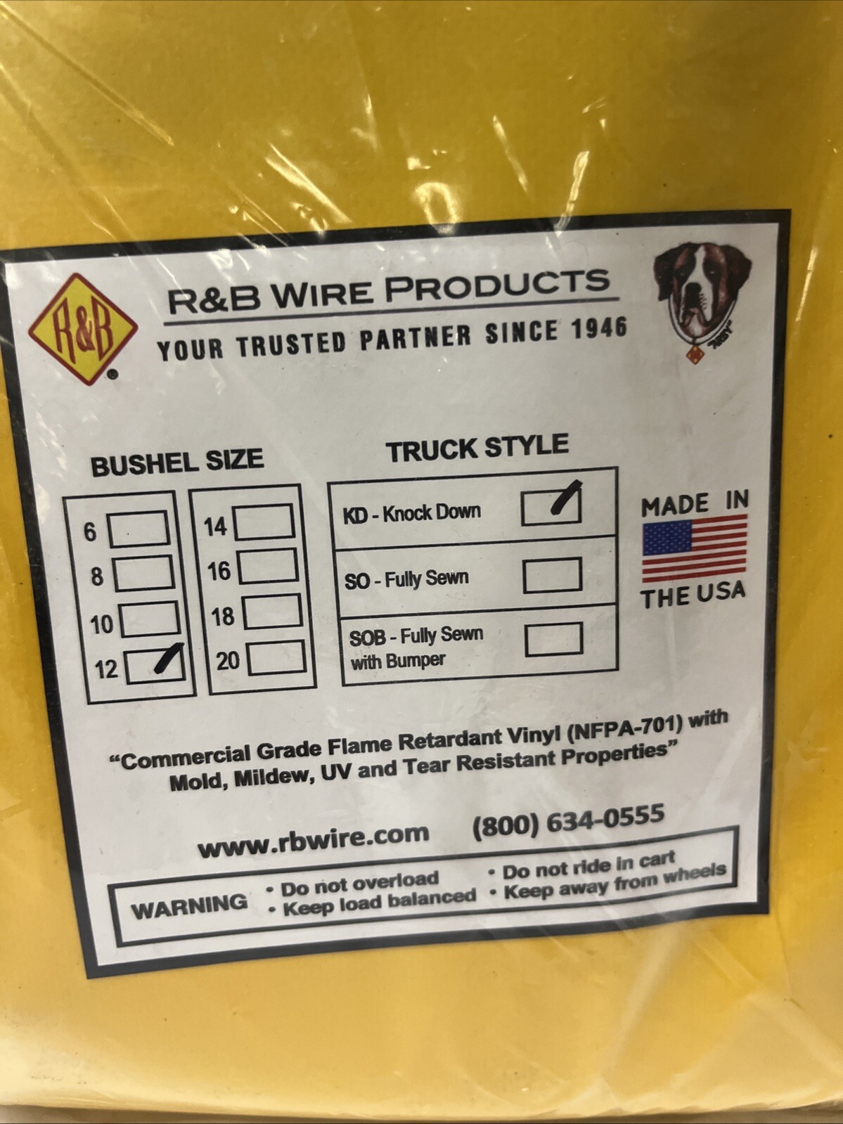 R&B Wire Products Bushel 12 , Truck Style KD- Knock Down Vinyl Only
