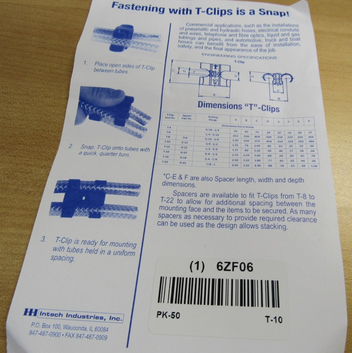 Intech T-10 T10 T-Clip Fastener 1/2 Inch 6ZF06 (Pack of 48)