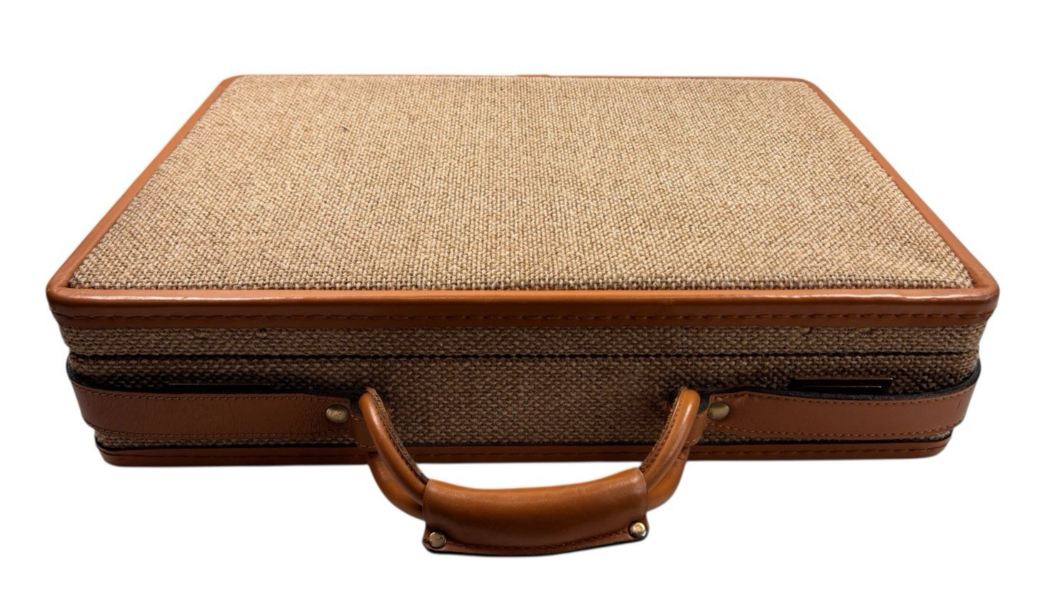 VINTAGE Jute Attaché Burlap Briefcase with Keys Leather Trim Brass Hardware
