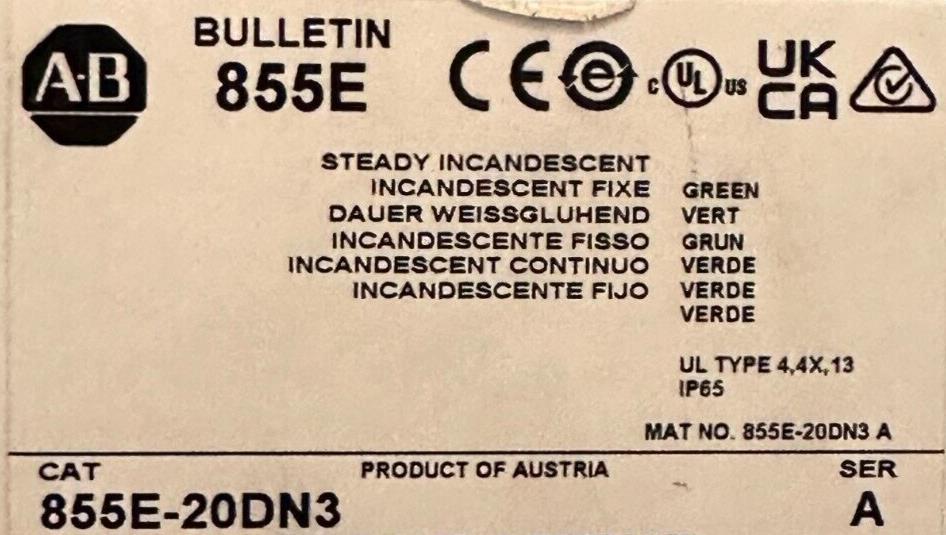 New! Allen Bradley 855E-20DN3 Green Steady Incandescent 240V AC Ser A Free Ship