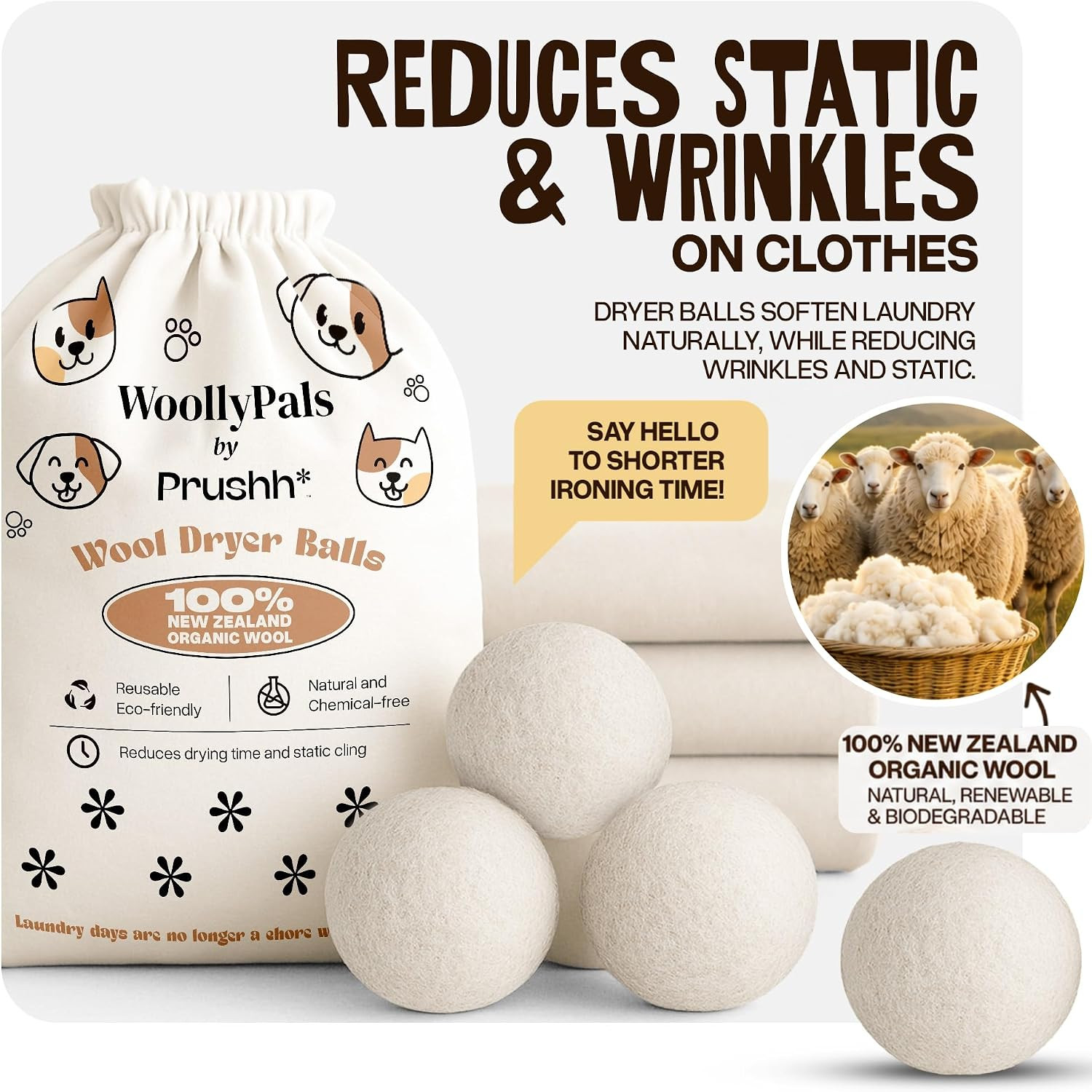 Woollypals Dryer Balls (6-Pack, XL Size) – 100% New Zealand Wool – No More Dryer