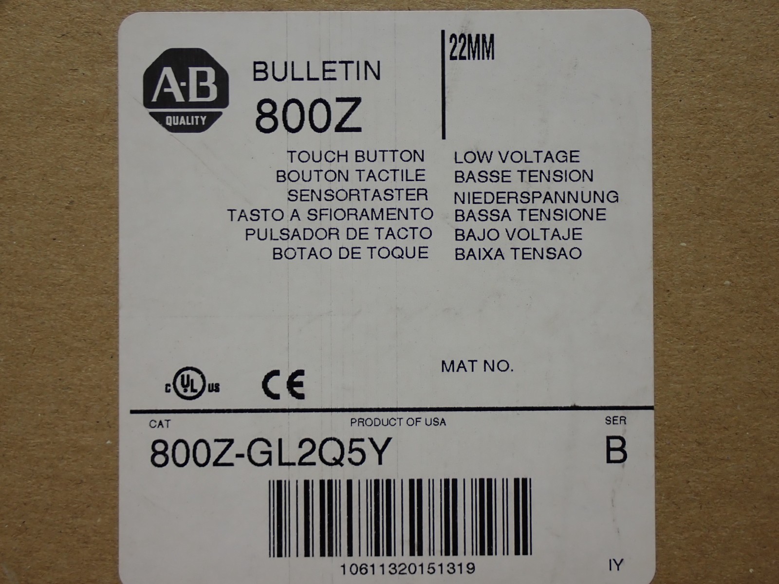 800Z-GL2Q5Y 800Z-GL2 ALLEN BRADLEY SER B TOUCH BUTTON OEM NEW